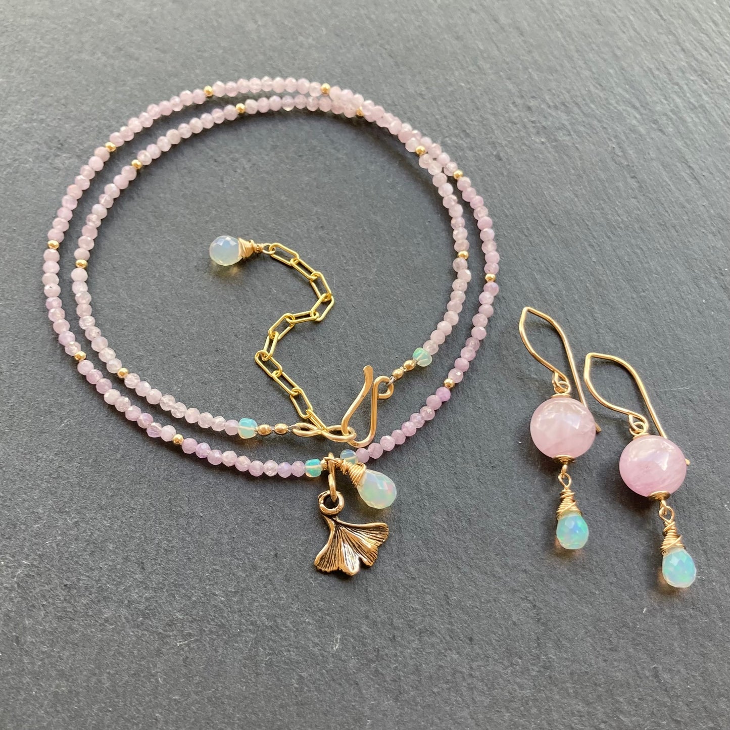 Kunzite, Gold & Bronze Ginkgo Leaf Choker