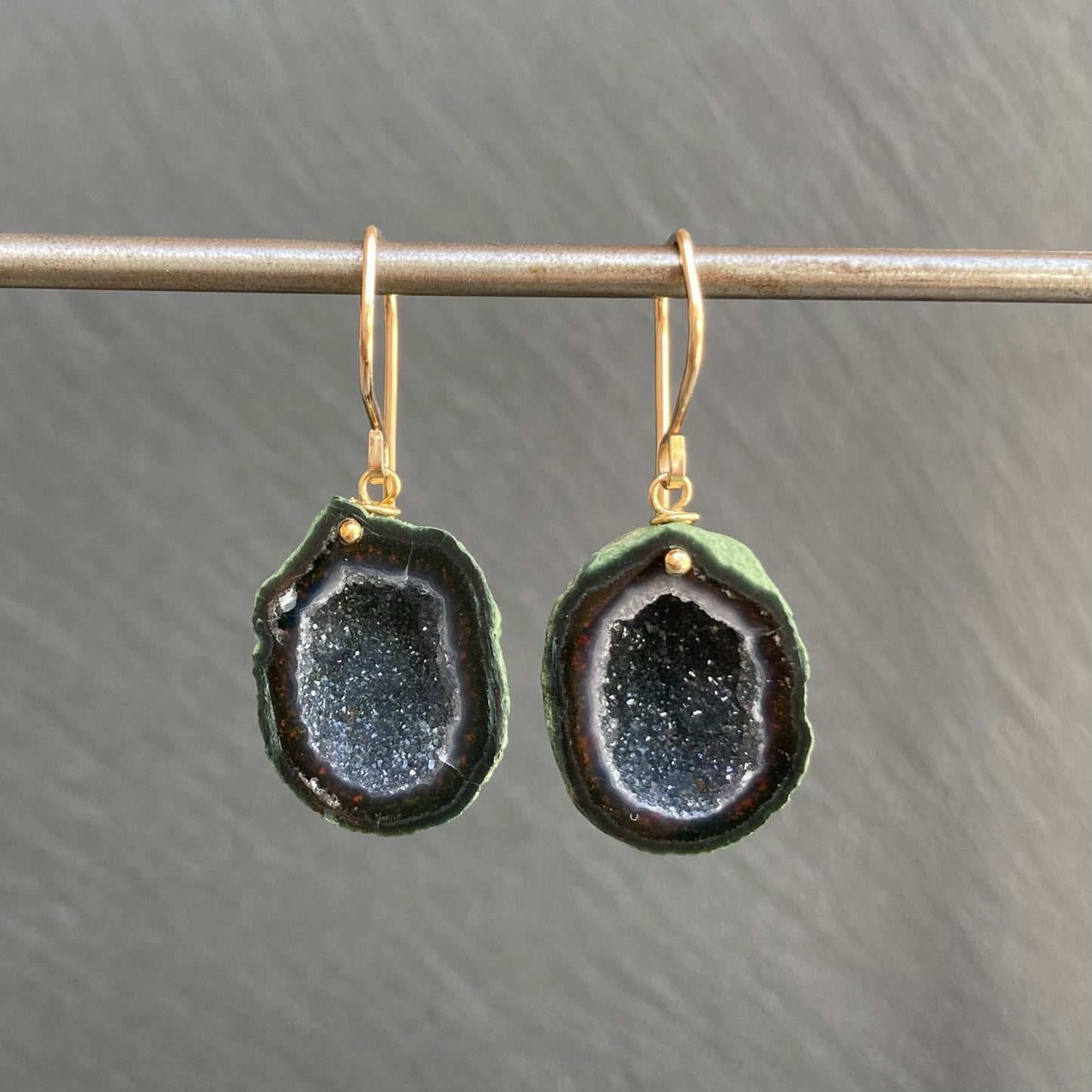 Black Druzy Tabasco Geode & Gold Earrings