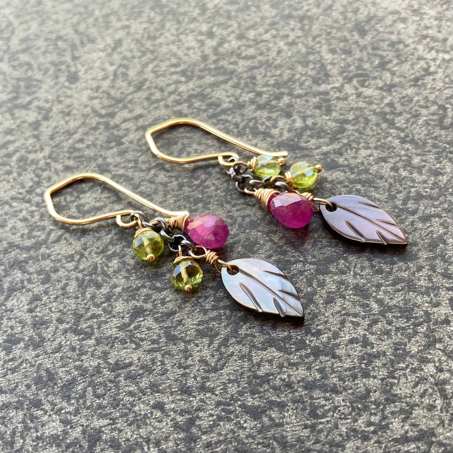 Black Mother of Pearl, Peridot, Ruby & Mixed Metal Cascade Earrings