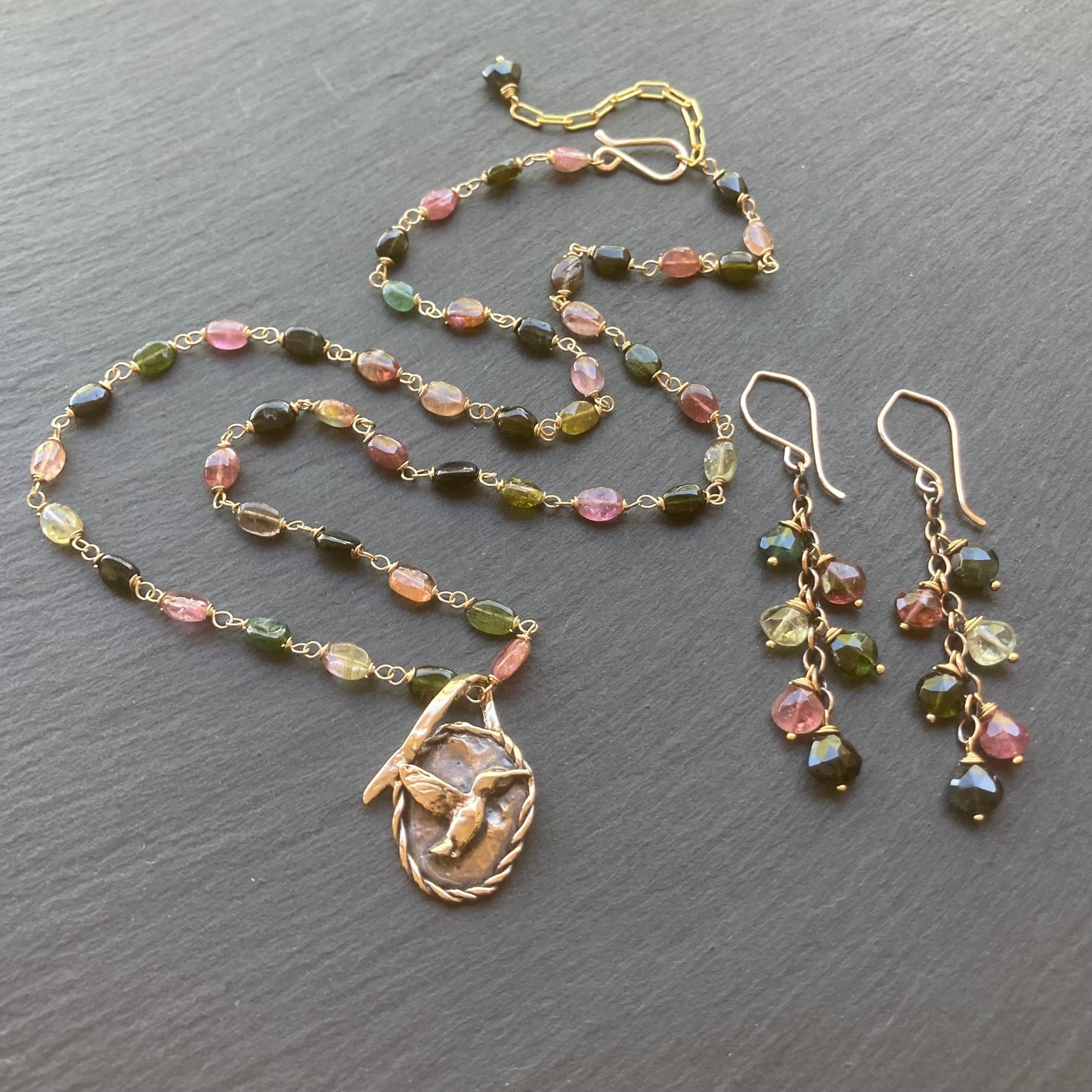 Multicolor Tourmaline, Gold & Bronze Hummingbird Pendant Necklace
