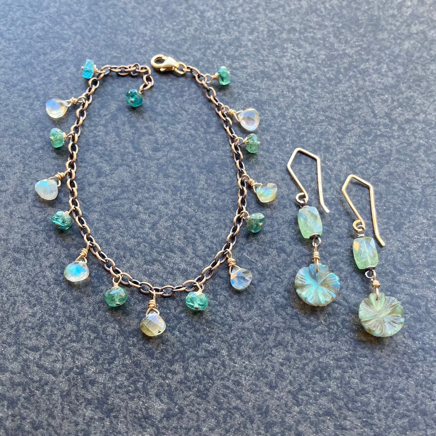 Green Kyanite, Labradorite & Mixed Metal Charm Bracelet