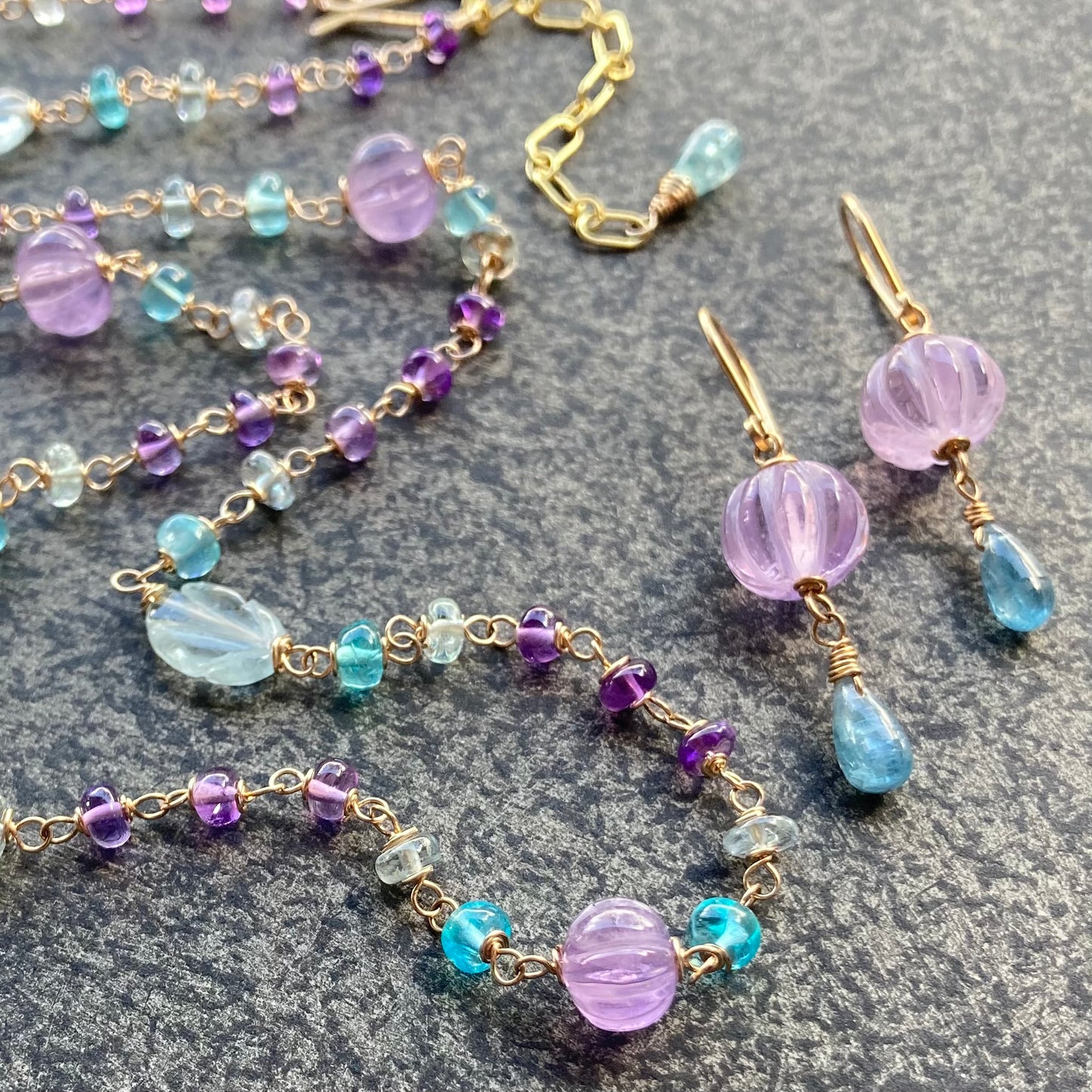 Amethyst, Aquamarine, Sky Blue Apatite & Gold Necklace