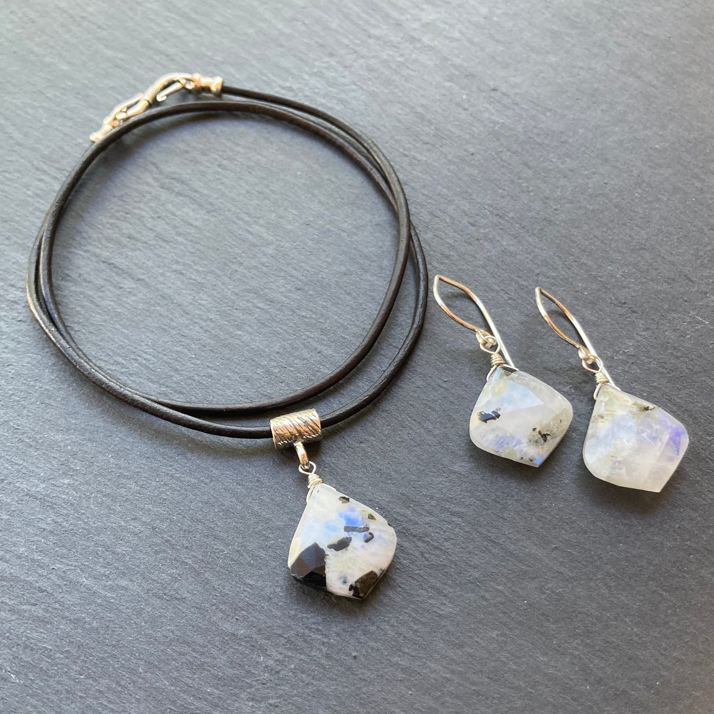 Tourmalinated Rainbow Moonstone & Sterling Silver Leather Choker