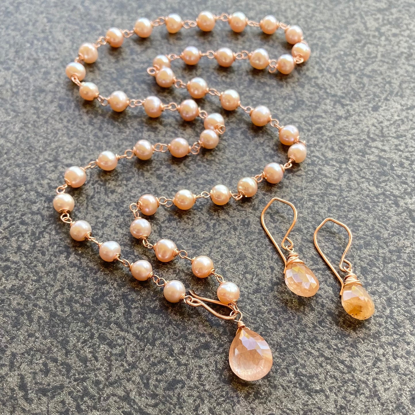 Pink Freshwater Pearl, Rose Gold & Copper Rutilated Quartz Convertible Pendant Necklace