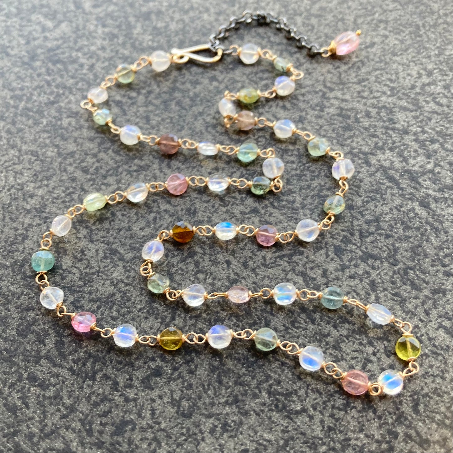 Rainbow Moonstone, Multicolor Tourmaline & Gold Necklace