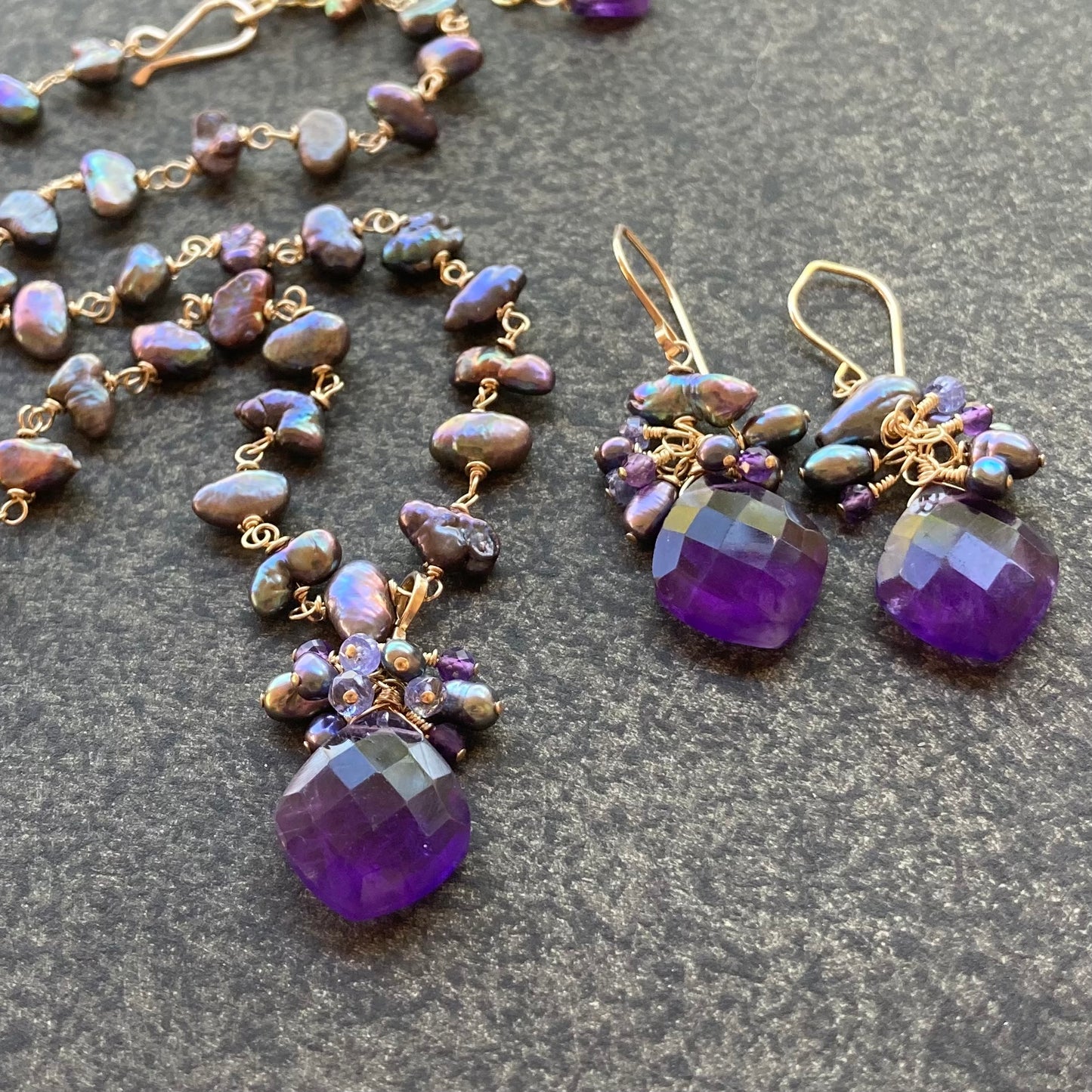 Amethyst, Freshwater Peacock Pearl & Gold Pendant Necklace