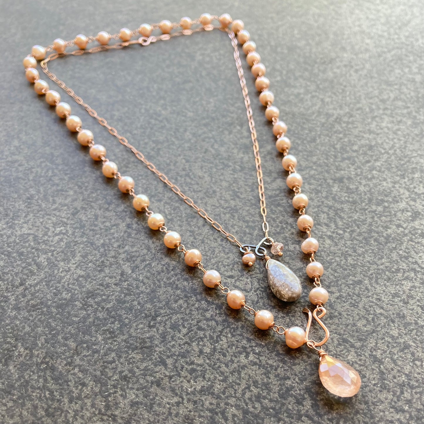 Pink Freshwater Pearl, Rose Gold & Copper Rutilated Quartz Convertible Pendant Necklace