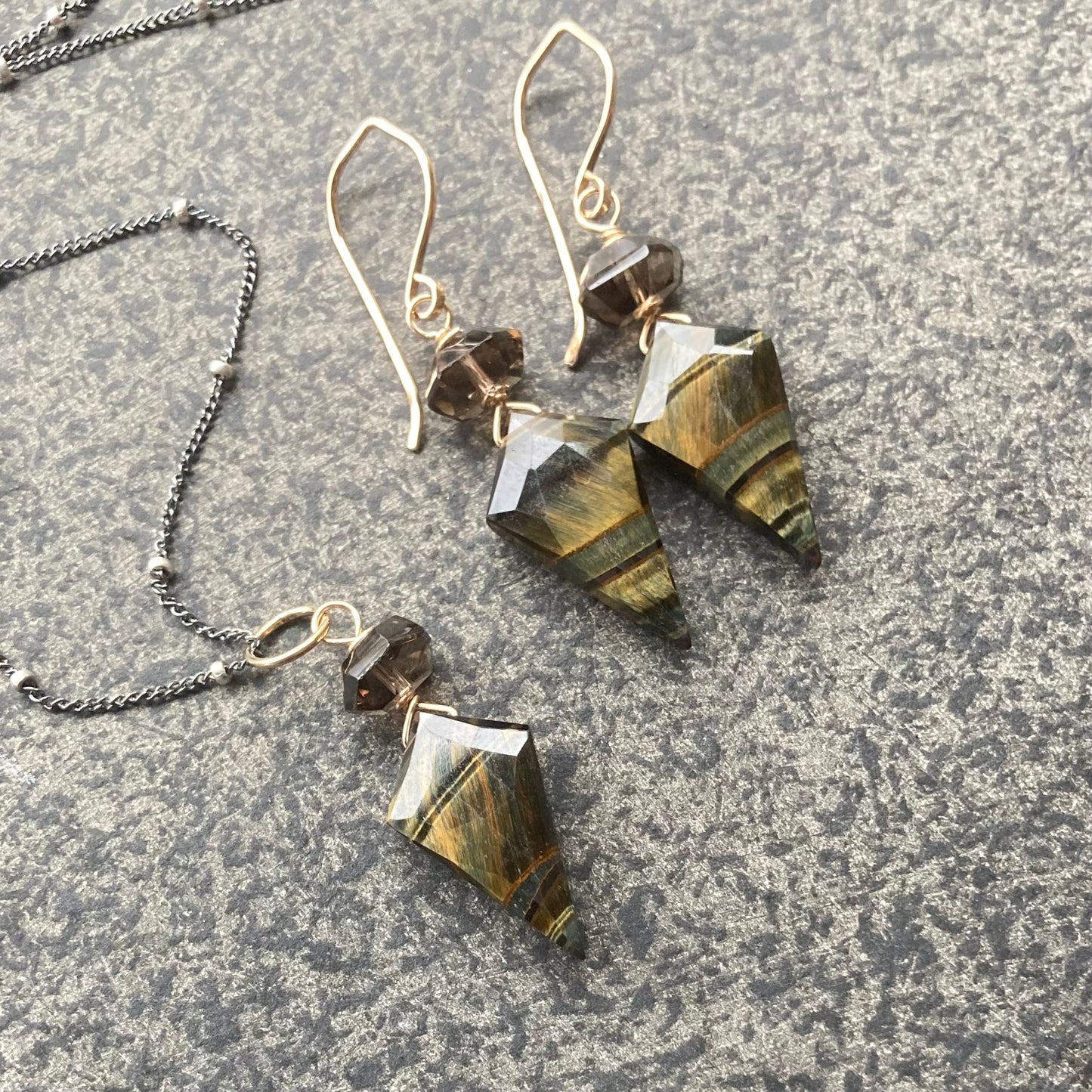 Black Tiger Eye, Smoky Quartz & Gold Arrowhead Earrings