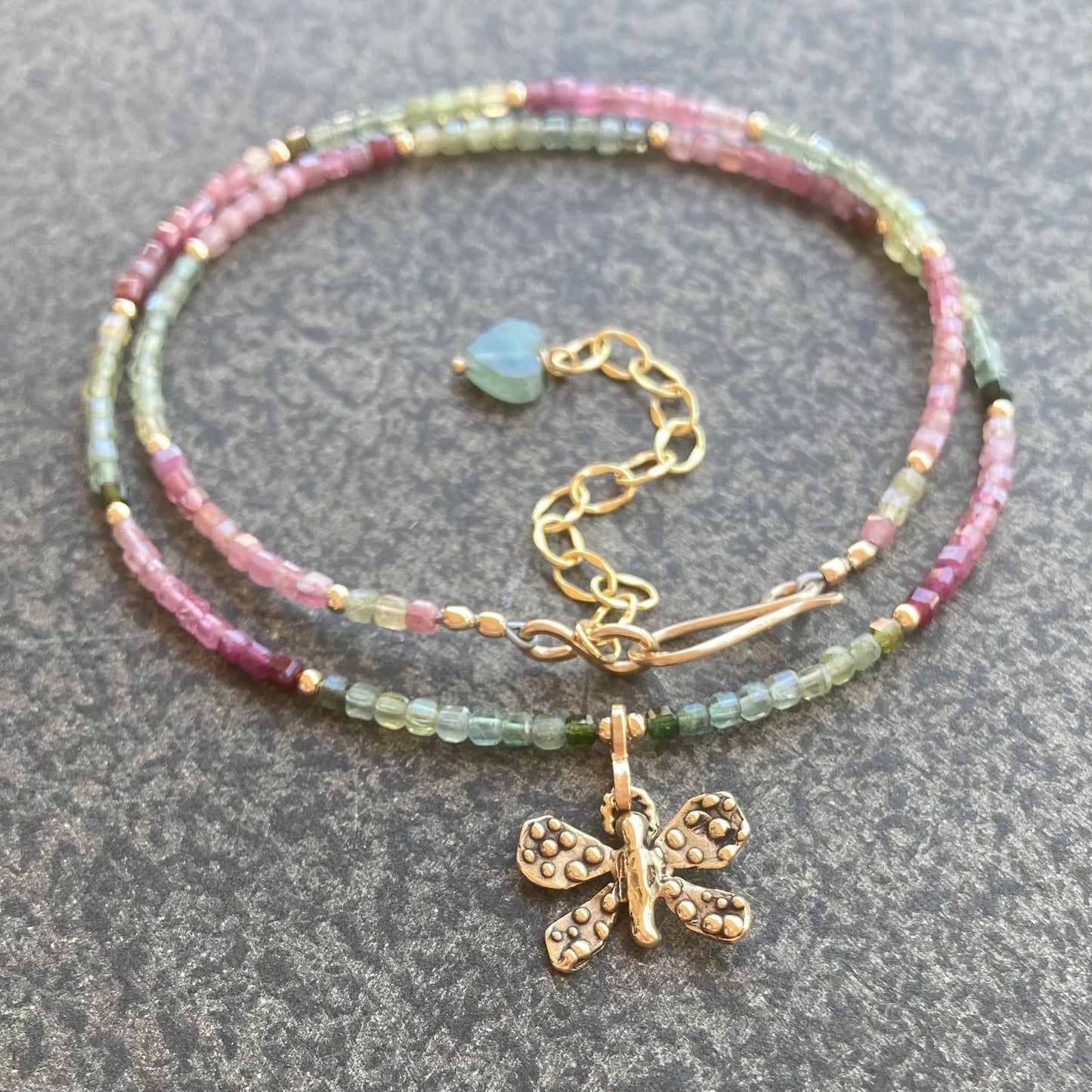 Multicolor Tourmaline, 14k Gold & Bronze Butterfly Necklace