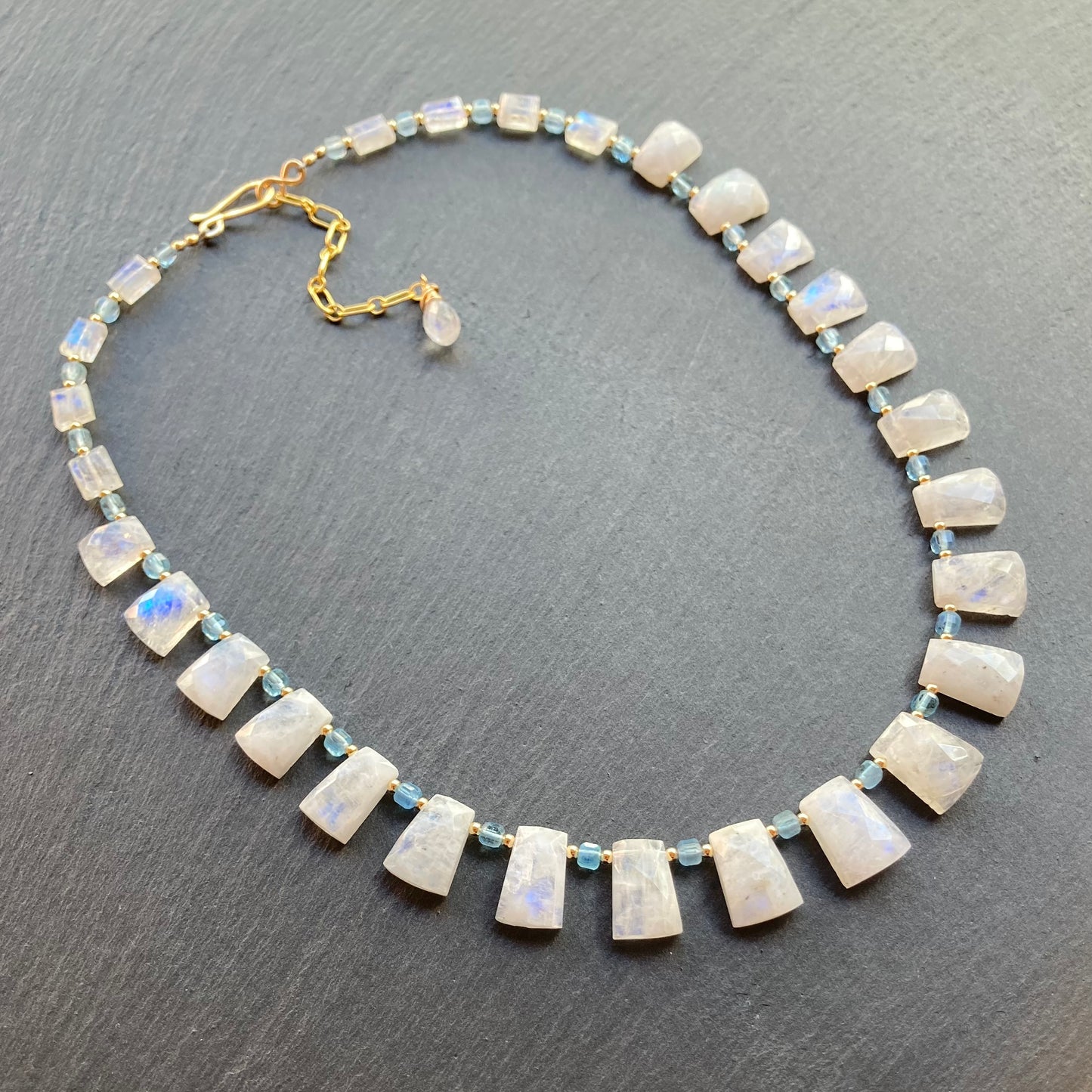 Rainbow Moonstone, Santa Maria Aquamarine & Gold Necklace