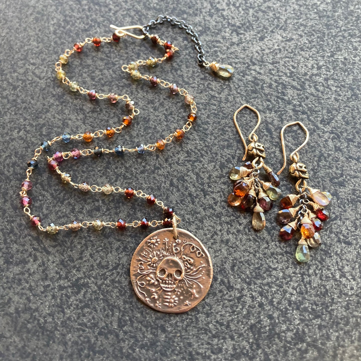 Tundra Sapphire & Mixed Metal Skull Cascade Earrings