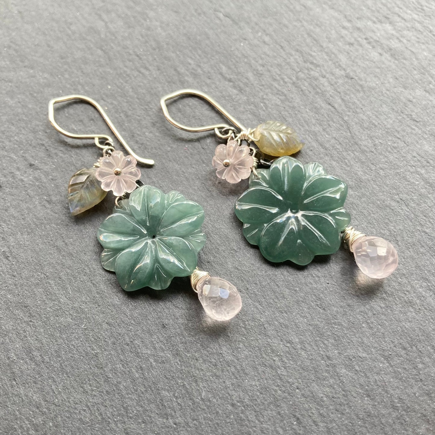 Rose Quartz, Sterling Silver & Guatemalan Jade Winter Succulent Earrings