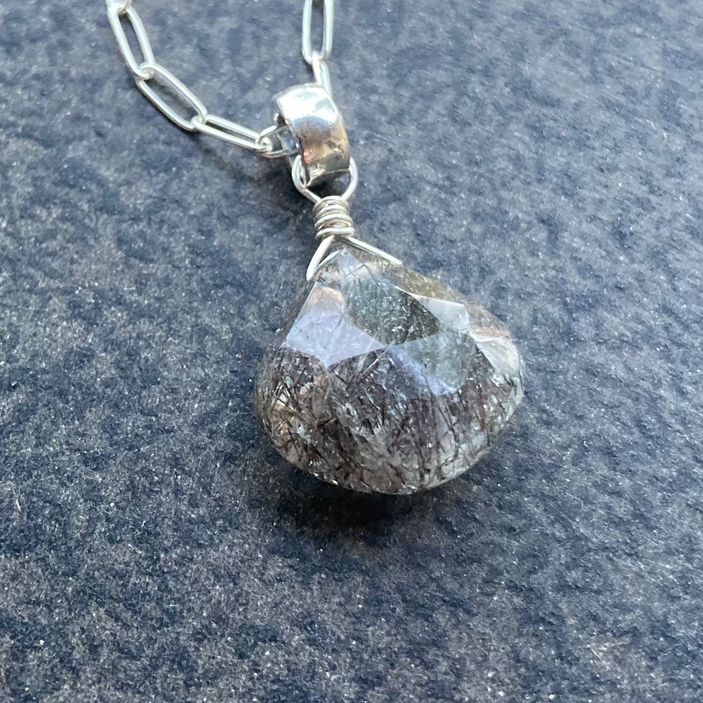 Black Rutilated Quartz & Sterling Silver Pendant Necklace