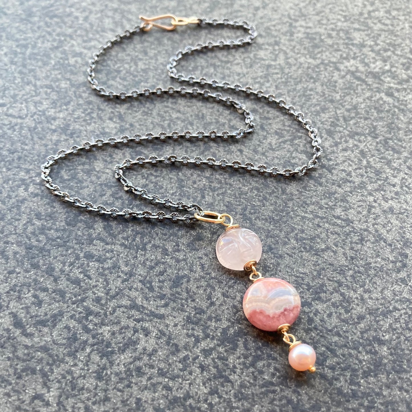 Rhodochrosite, Rose Quartz & Mixed Metal Pink Moon Rising Pendant Necklace