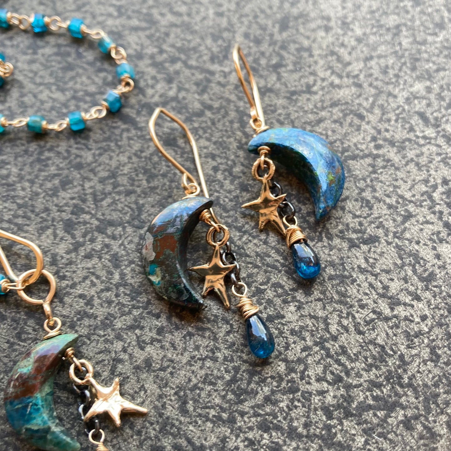 Chrysocolla, Neon Blue Kyanite & Mixed Metal Starry Night Cascade Earrings