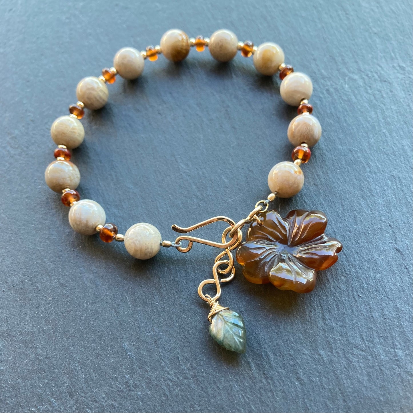 Fossil Coral, Carnelian & Gold Autumn Bloom Bracelet