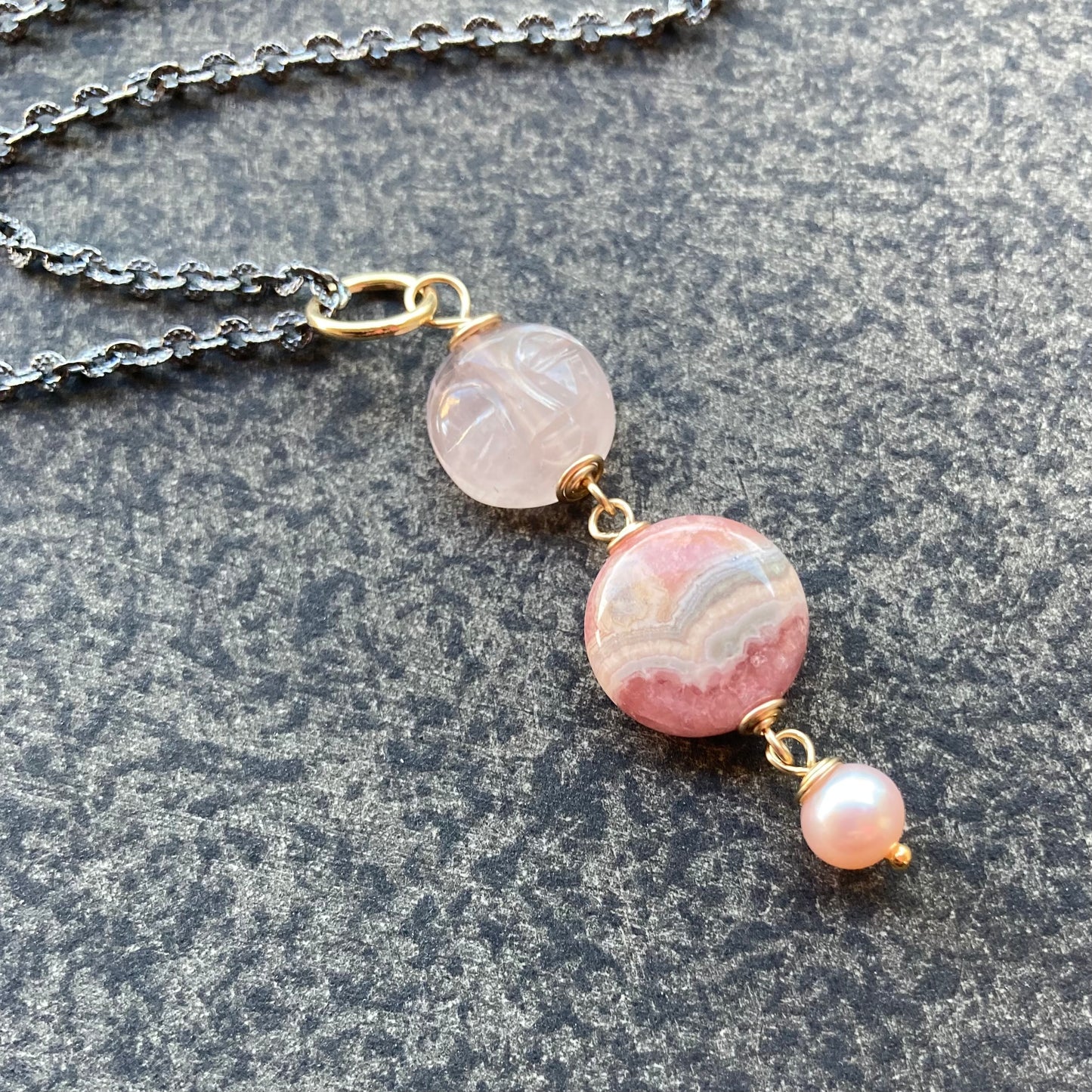 Rhodochrosite, Rose Quartz & Mixed Metal Pink Moon Rising Pendant Necklace