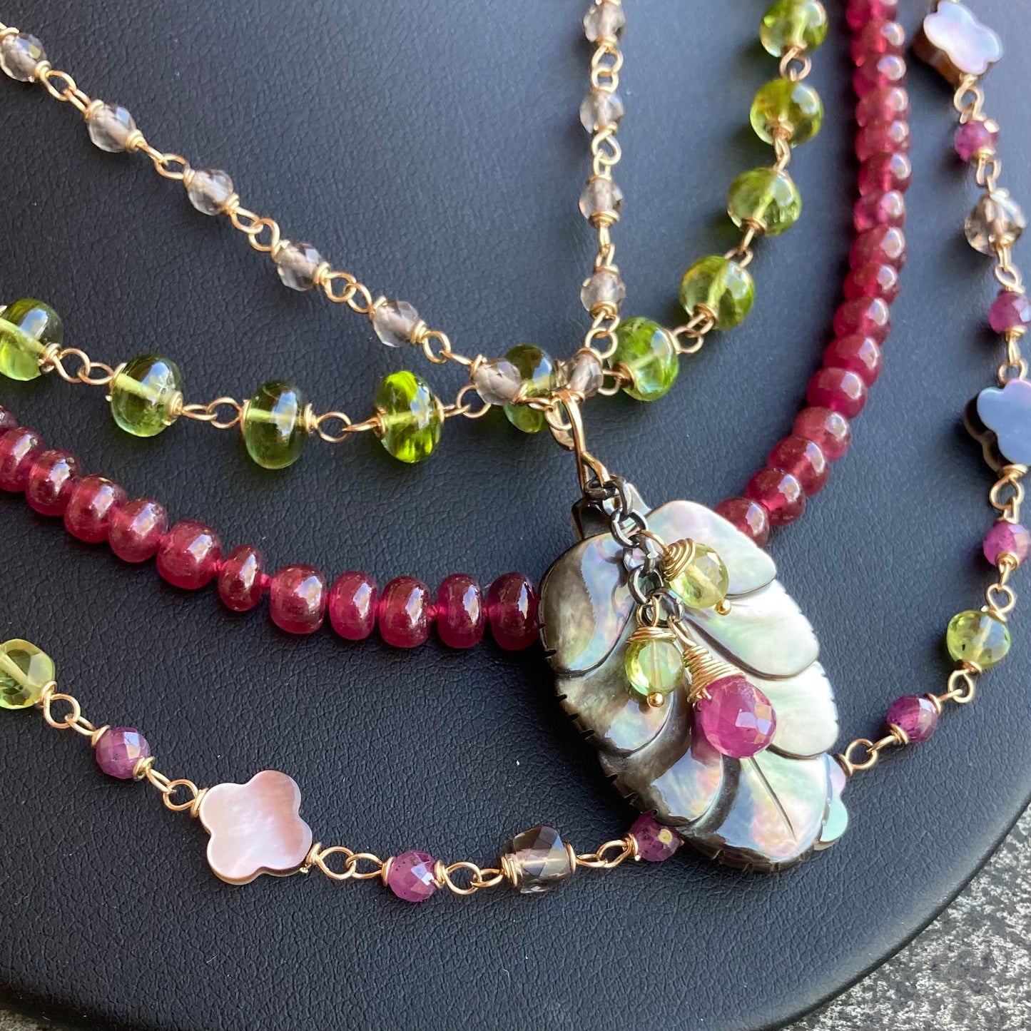 Black Mother of Pearl, Ice Obsidian & Mixed Metal Leaf Pendant Necklace