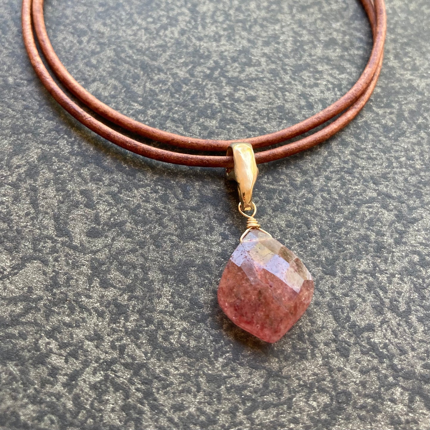 Strawberry Quartz & Bronze Leather Choker