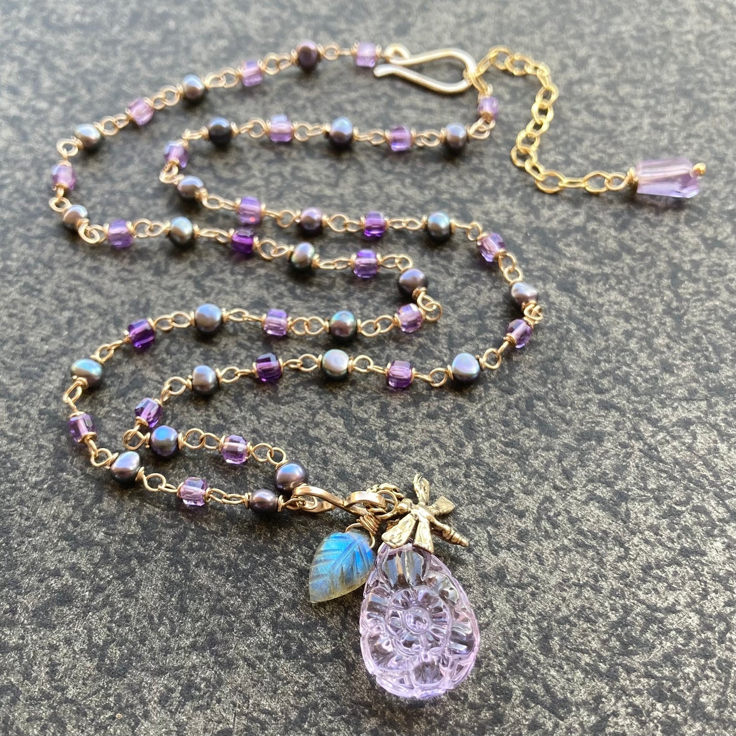 Amethyst, Freshwater Peacock Pearl & Gold Dragonfly Charm Necklace