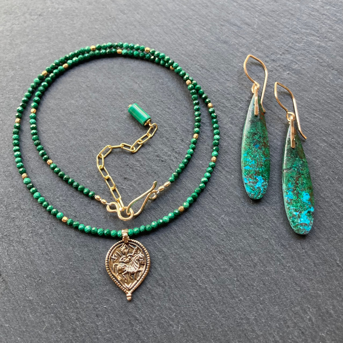 Malachite Chrysocolla & Gold Earrings