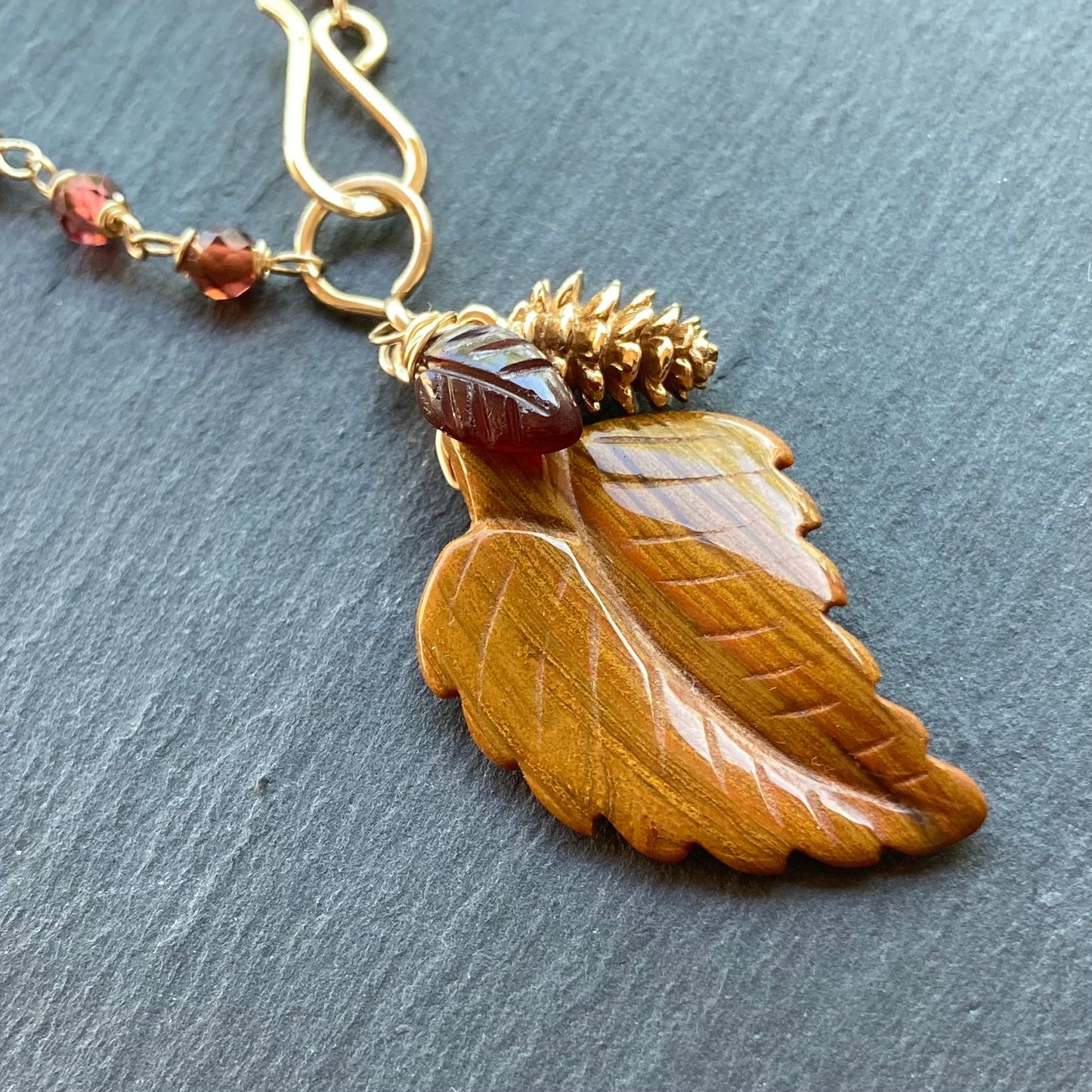 Malaya Garnet, Gold & Moroccan Agate Autumn Leaf Pendant Necklace