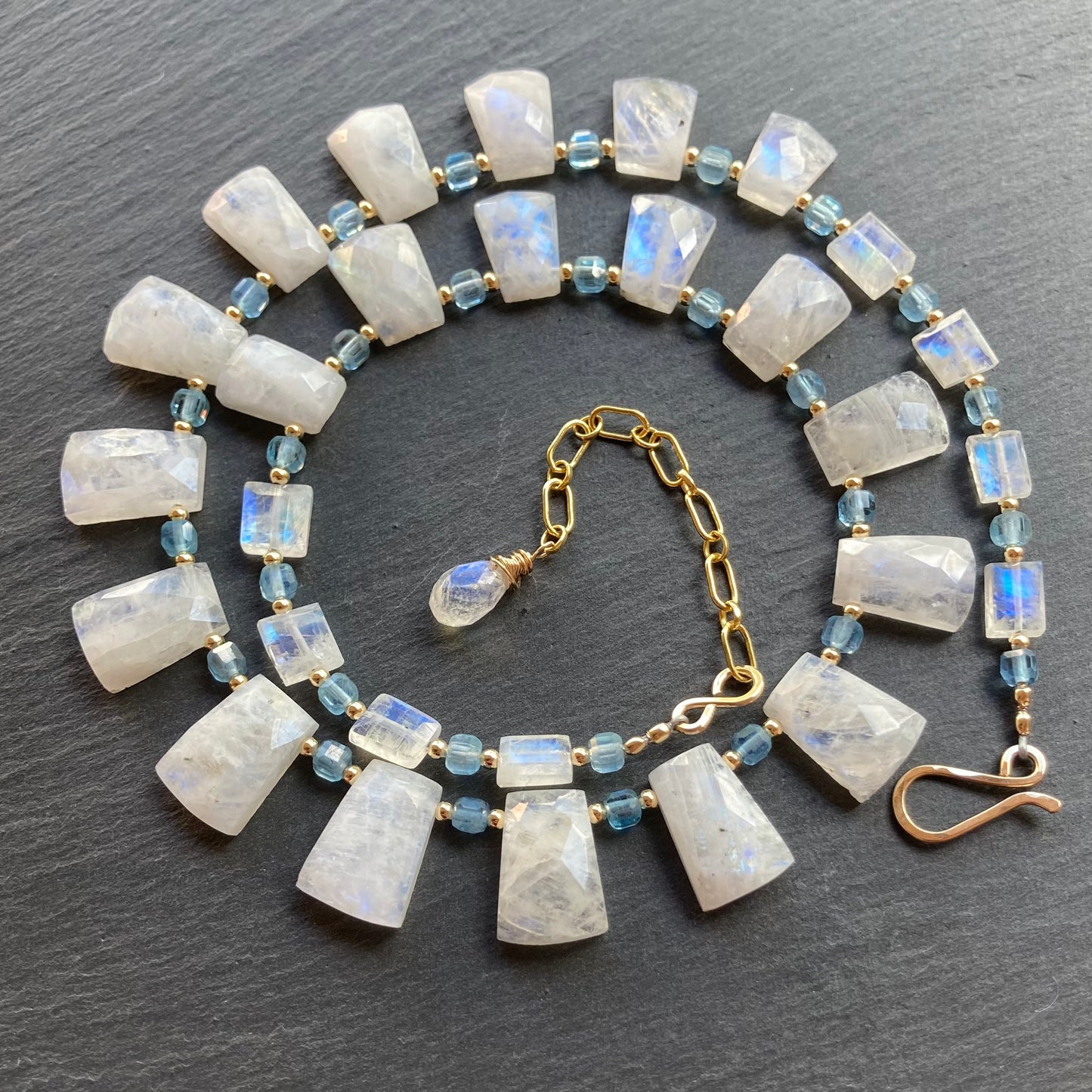 Rainbow Moonstone, Santa Maria Aquamarine & Gold Necklace