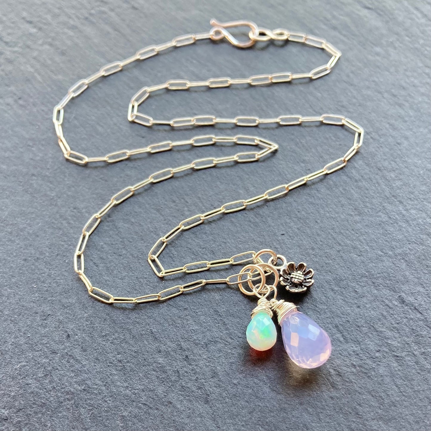 Scorolite, Ethiopian Opal & Sterling Silver Cherry Blossom Charm Necklace
