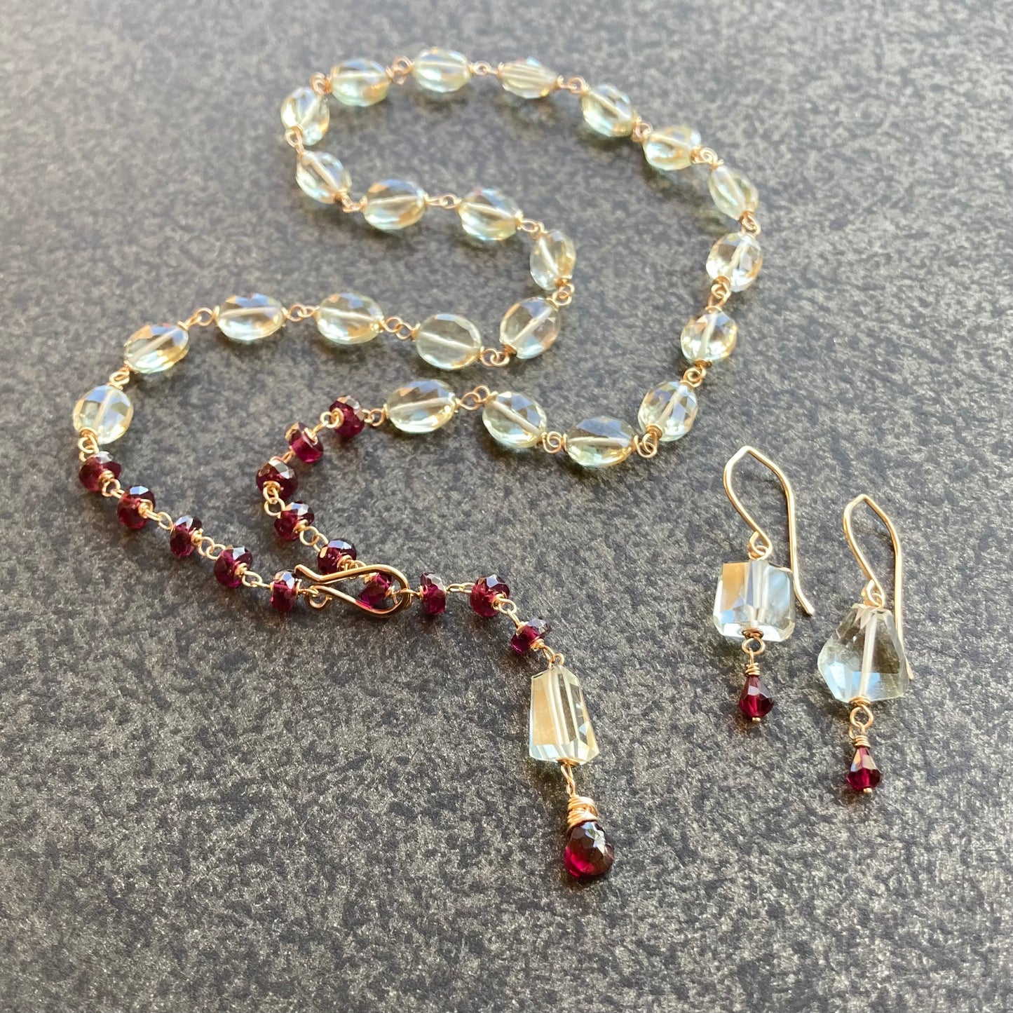 Prasiolite, Rhodolite & Gold Earrings