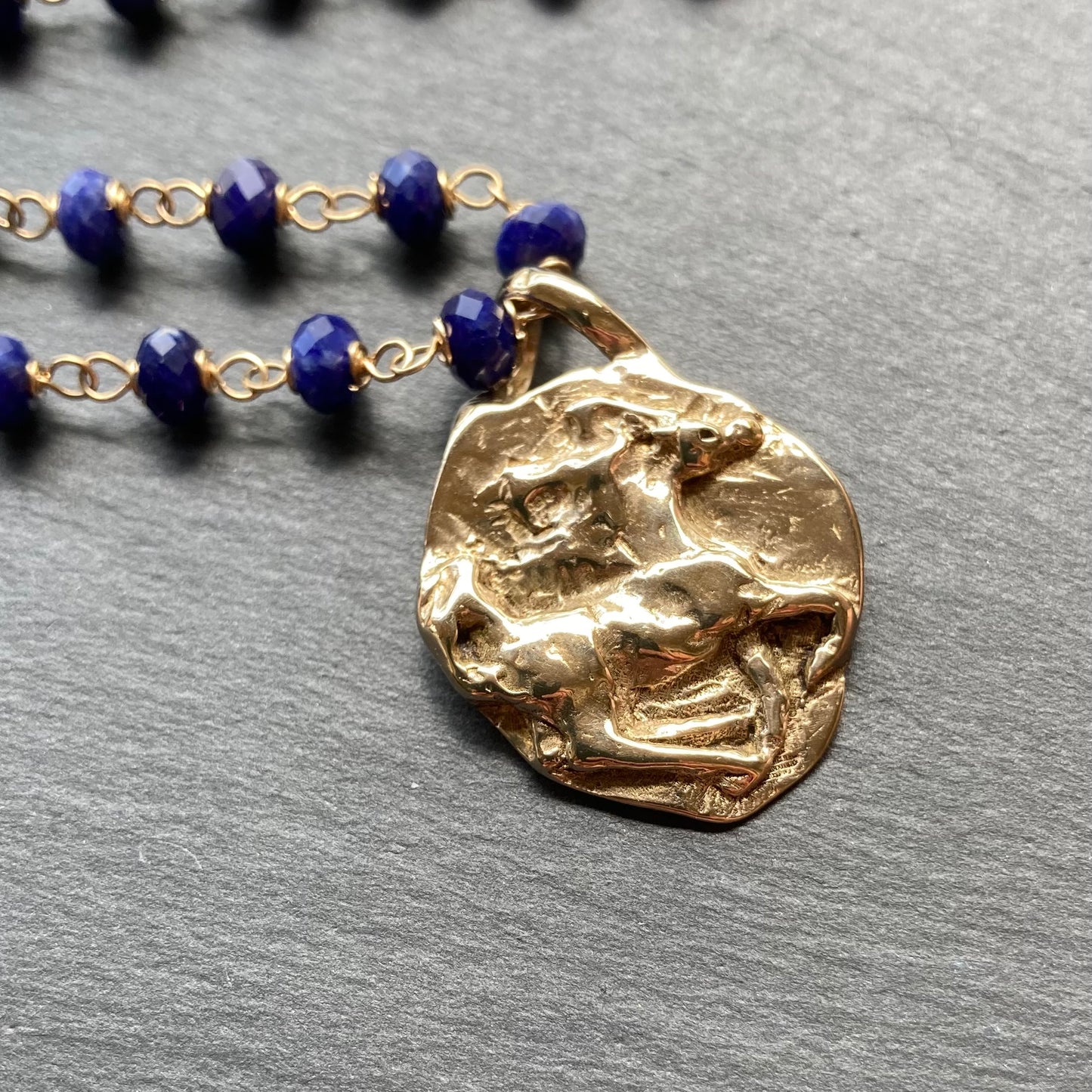 Sodalite, Gold & Bronze Horse Coin Necklace