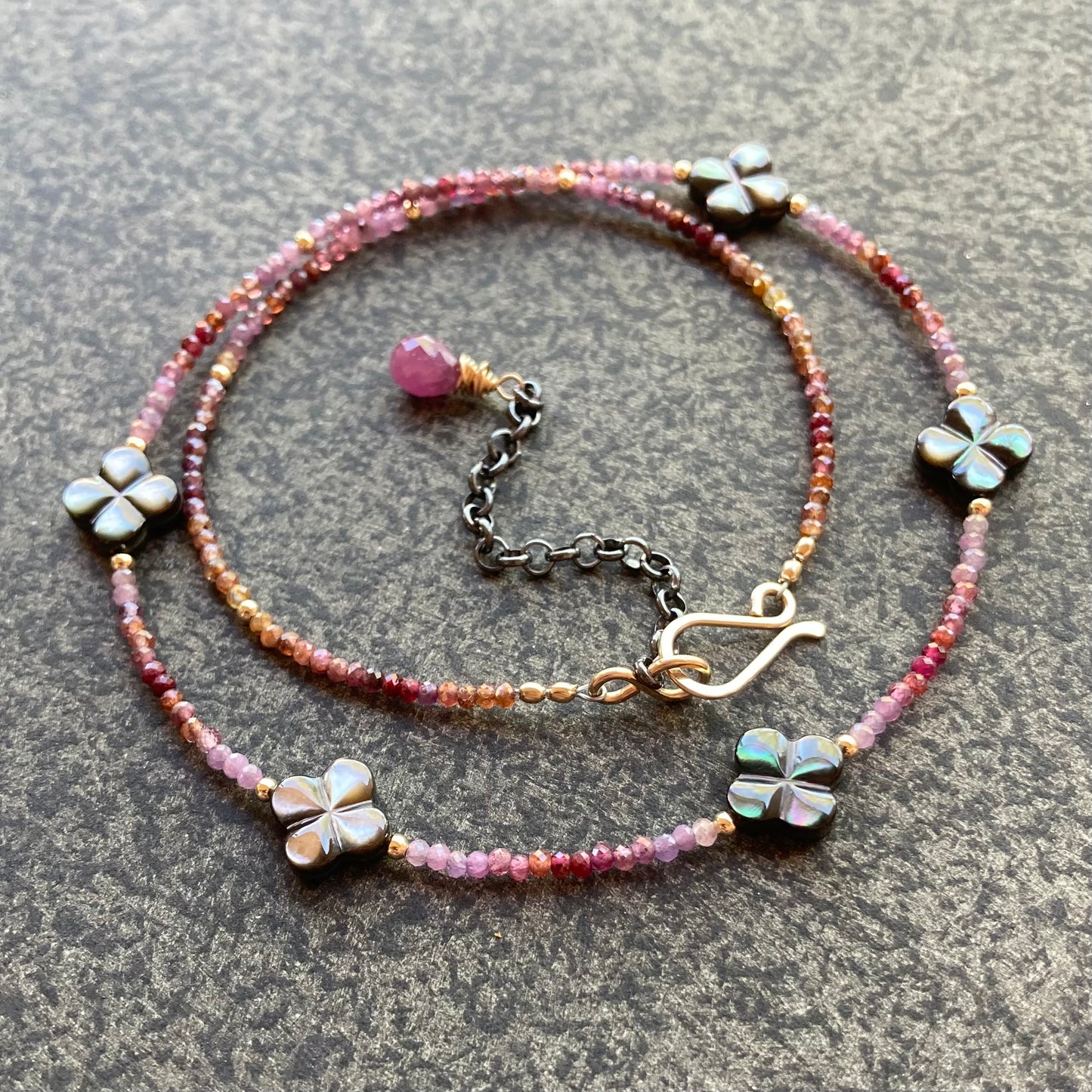 Black Mother of Pearl, Natural Ruby & Mixed Metal Clover Choker