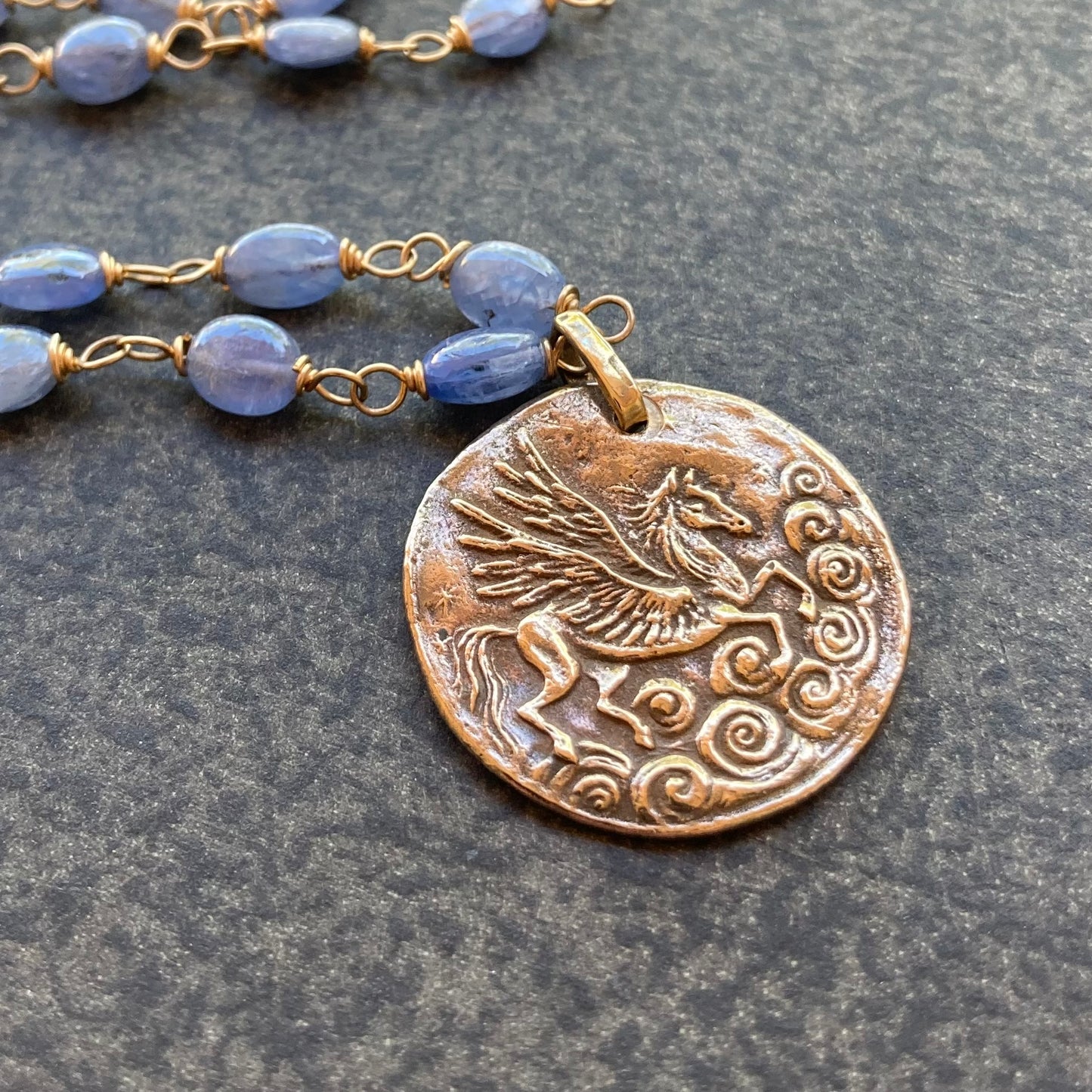 Burmese Sapphire, Gold & Bronze Pegasus Cloud Coin Necklace