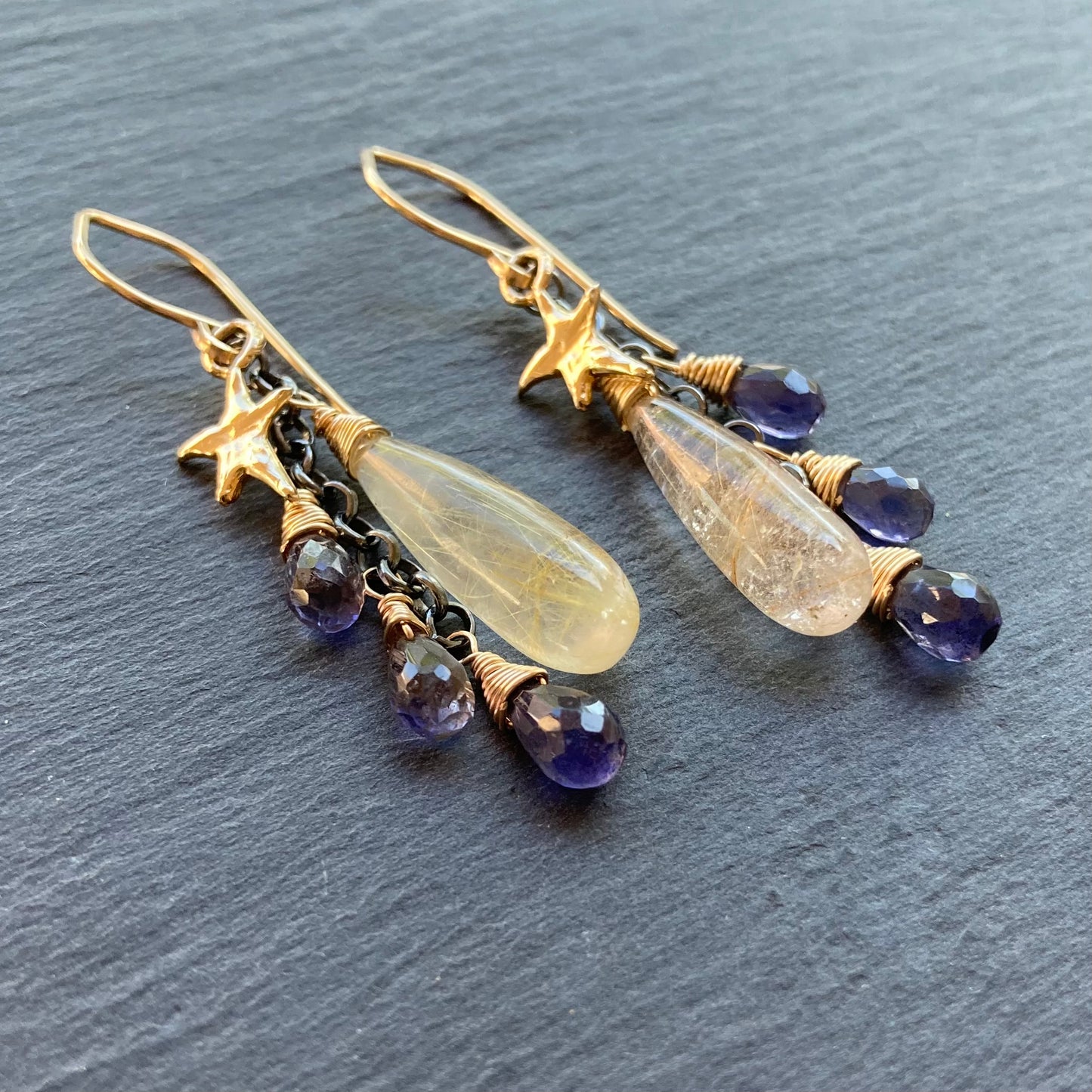 Golden Rutilated Quartz, Iolite & Mixed Metal Autumn Sky Cascade Earrings