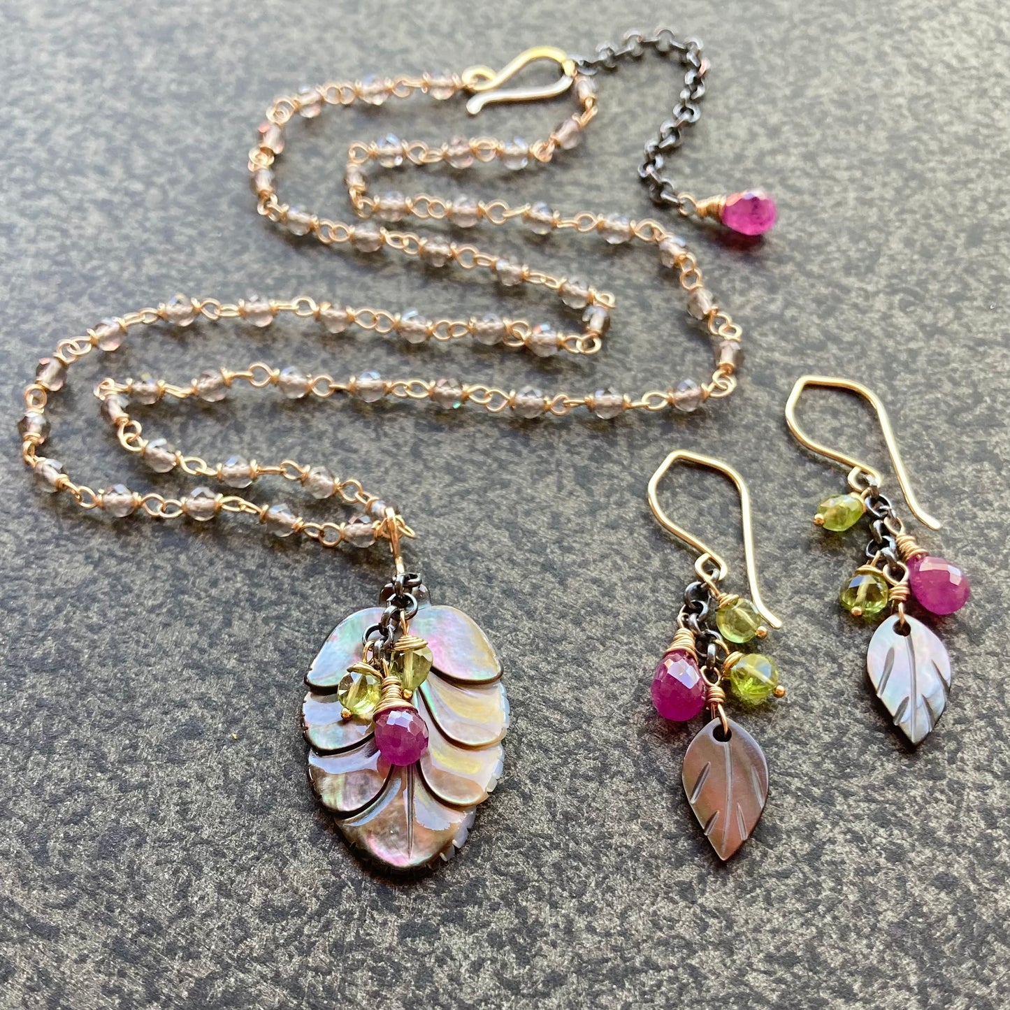 Black Mother of Pearl, Ice Obsidian & Mixed Metal Leaf Pendant Necklace