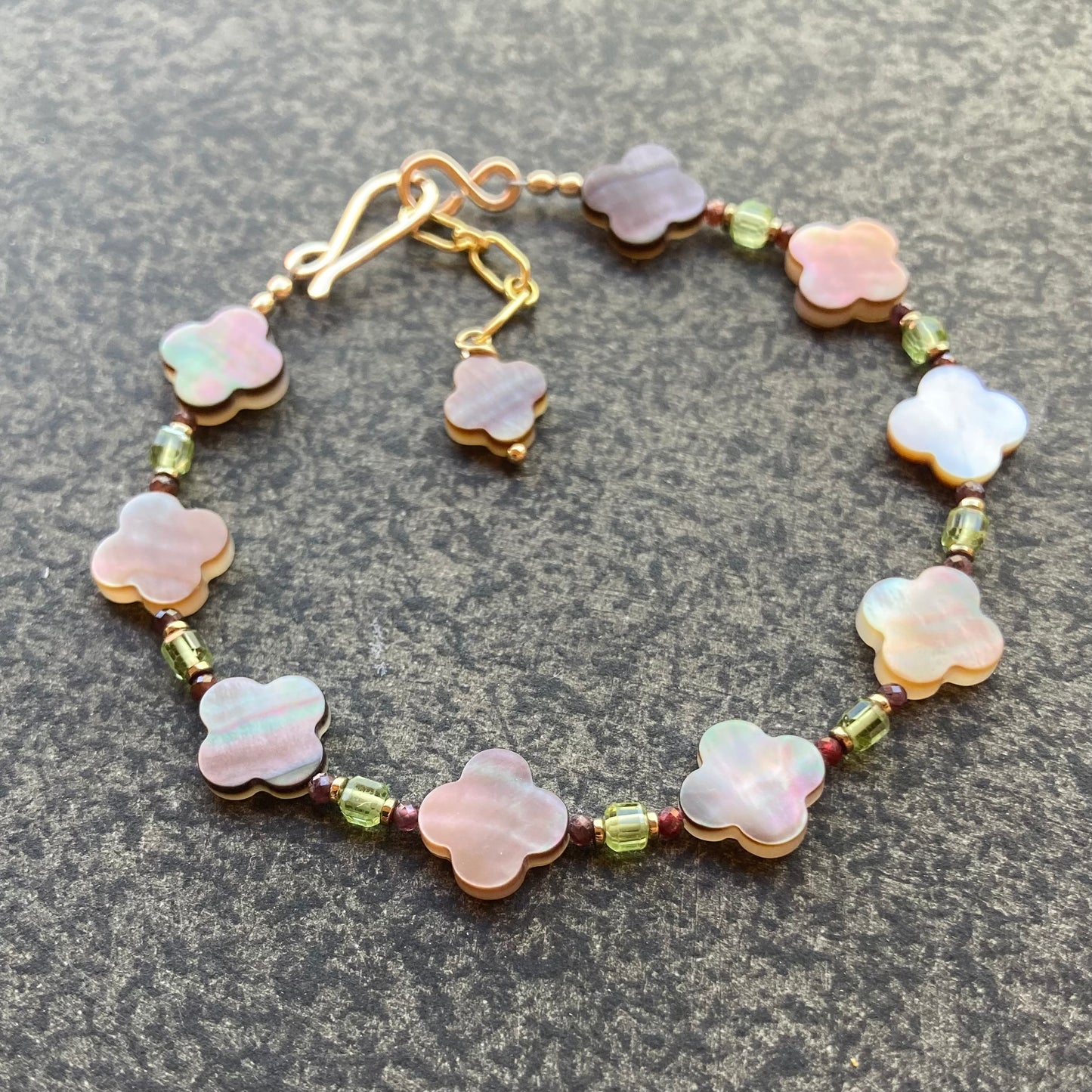 Black Mother of Pearl, Peridot, Ruby & Gold Clover Bracelet
