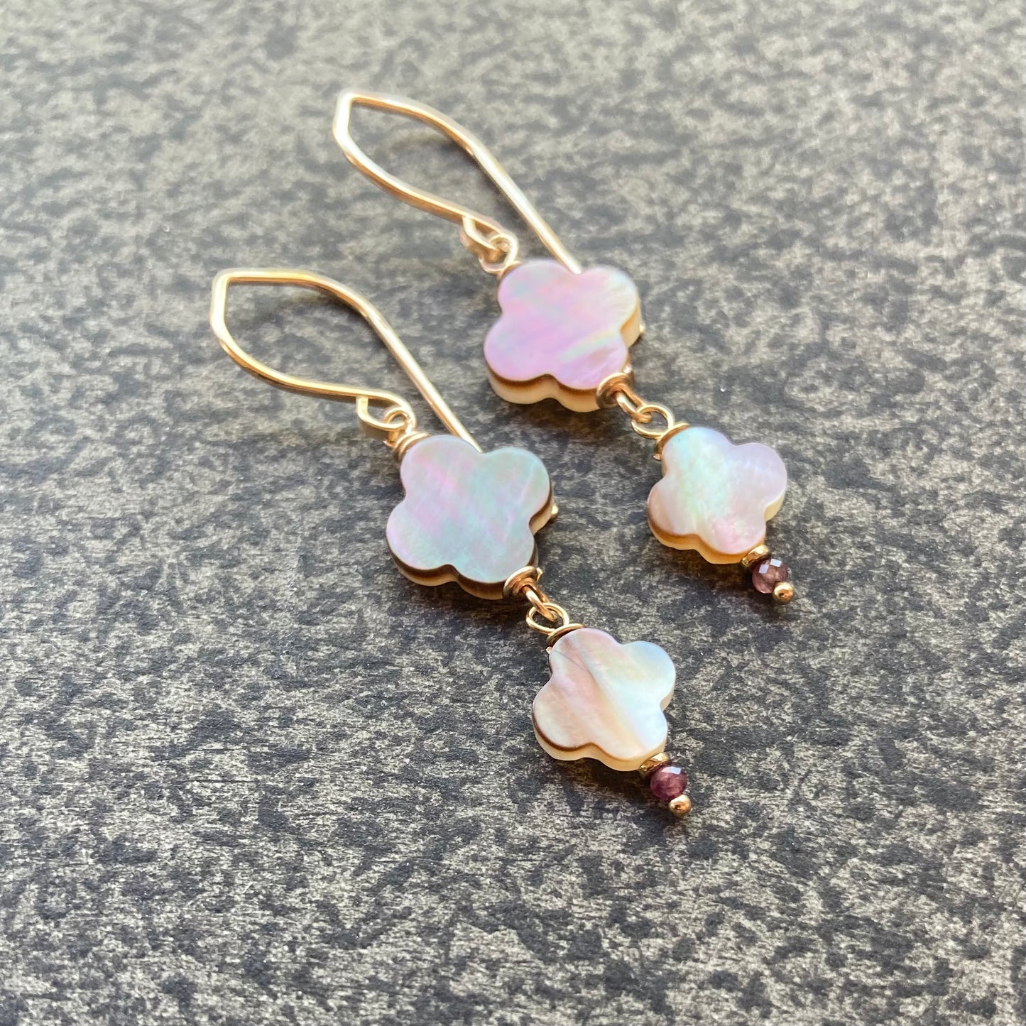 Black Mother of Pearl, Ruby & Gold Clover Earrings
