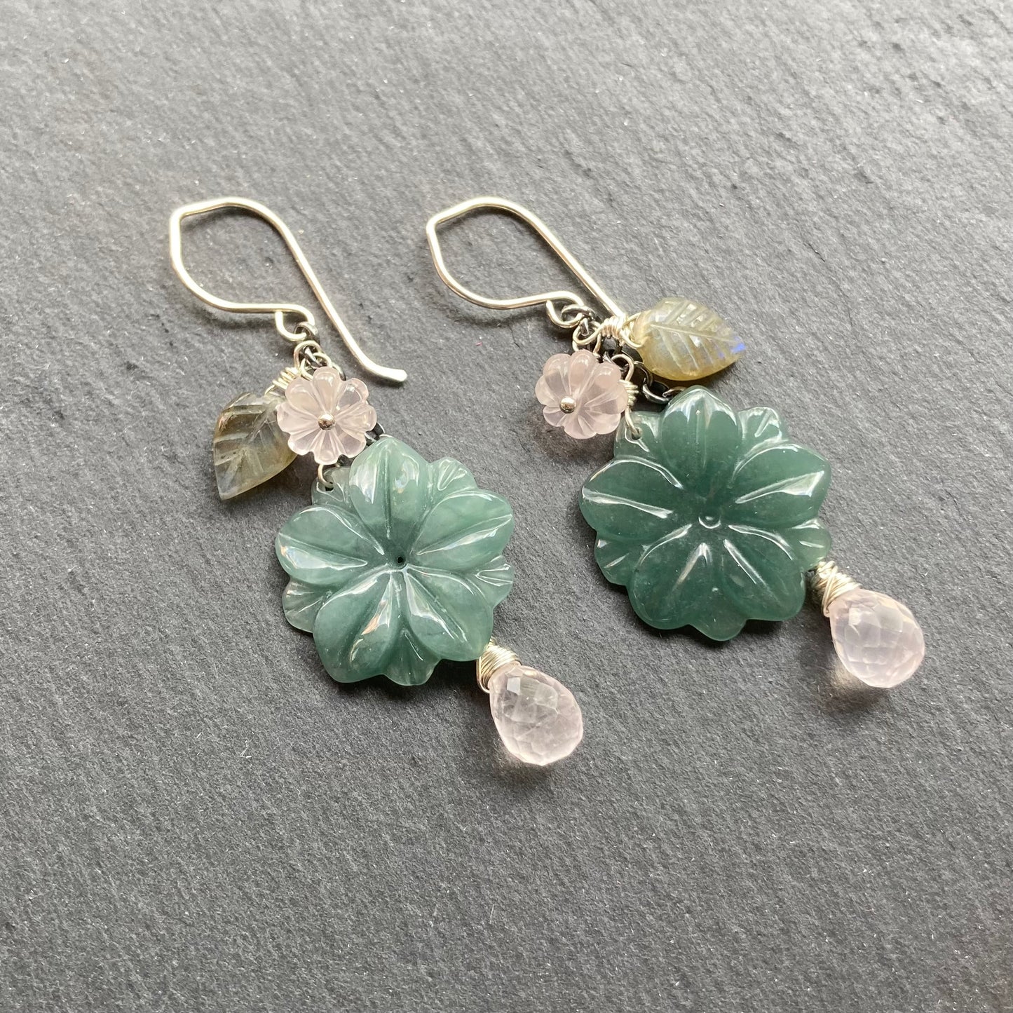 Rose Quartz, Sterling Silver & Guatemalan Jade Winter Succulent Earrings