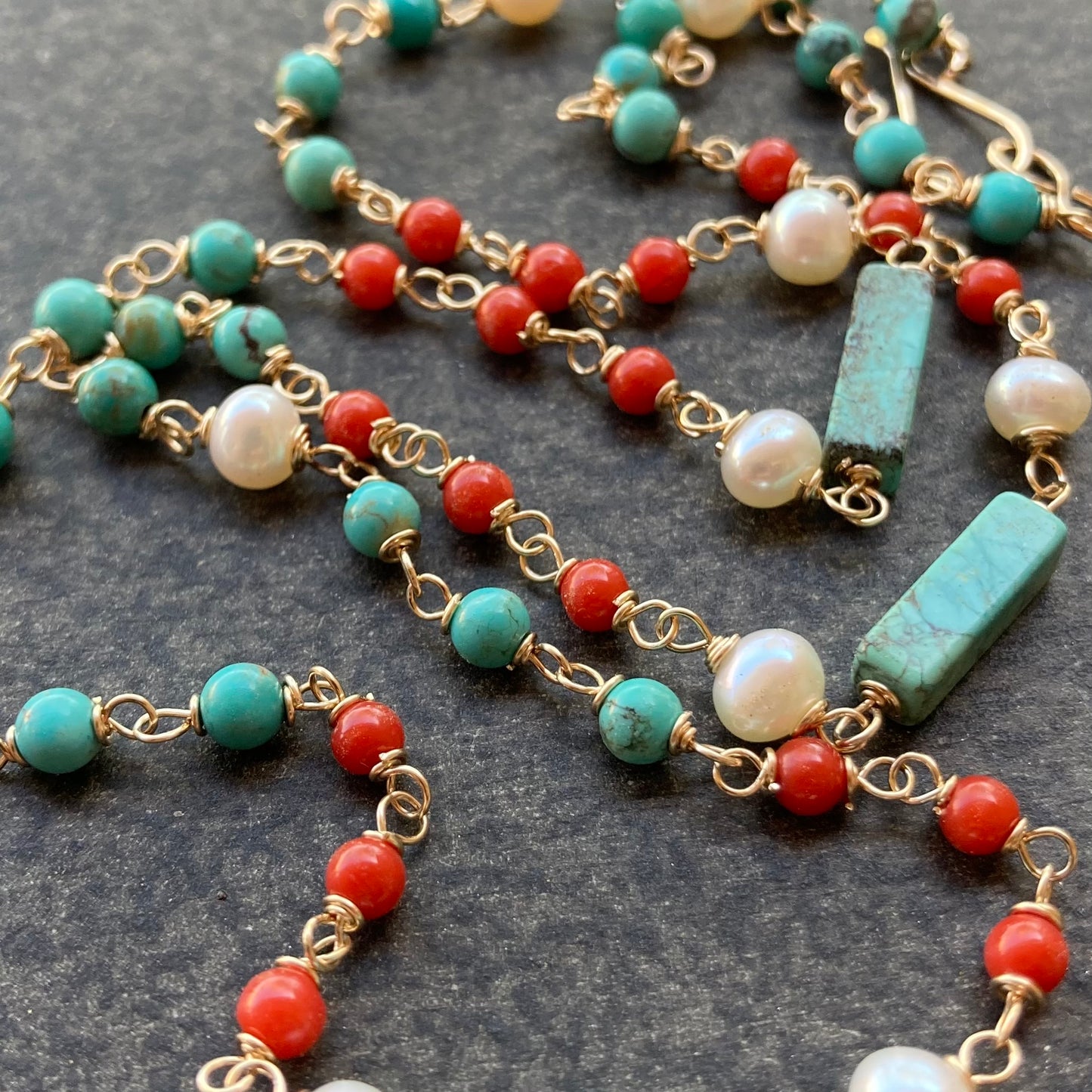 Natural Coral, Turquoise, Freshwater Pearl & Gold Necklace
