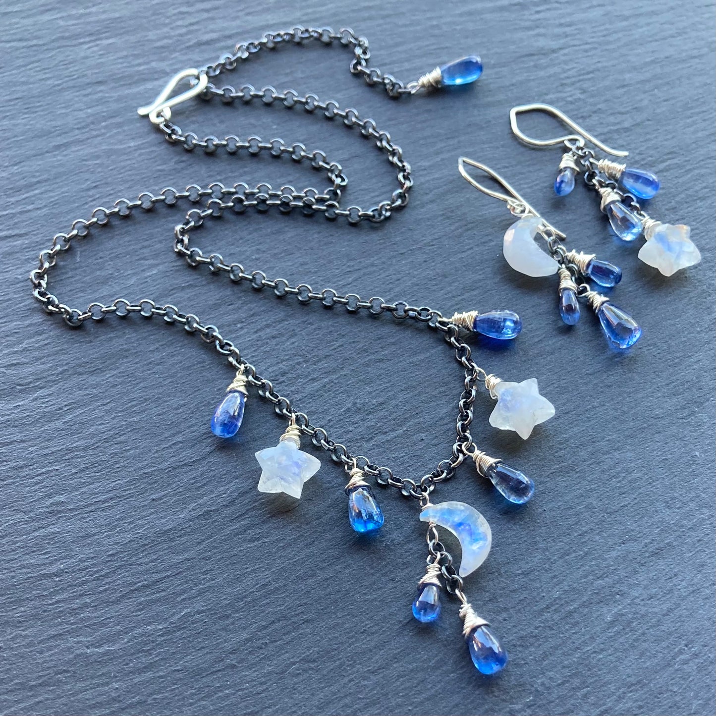 Rainbow Moonstone, Blue Kyanite & Sterling Silver Winter Solstice Charm Choker