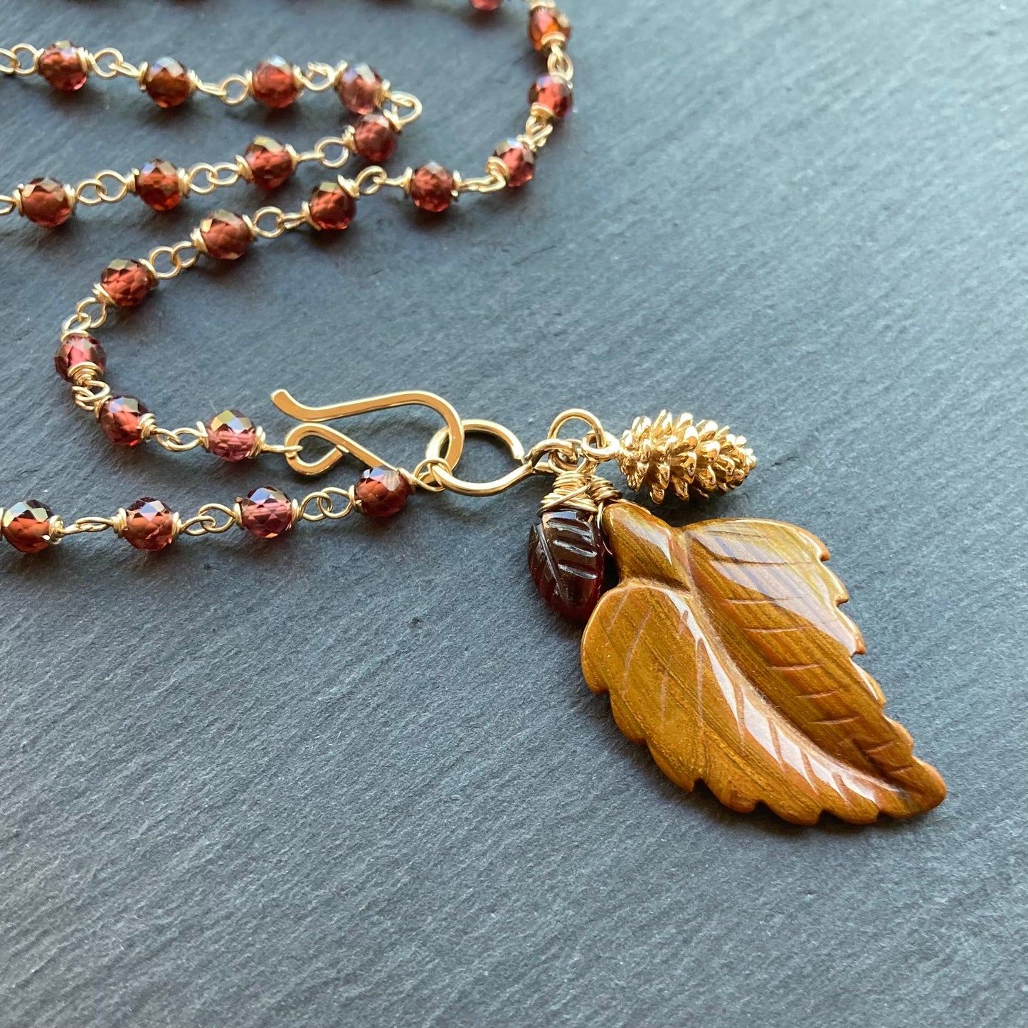 Malaya Garnet, Gold & Moroccan Agate Autumn Leaf Pendant Necklace