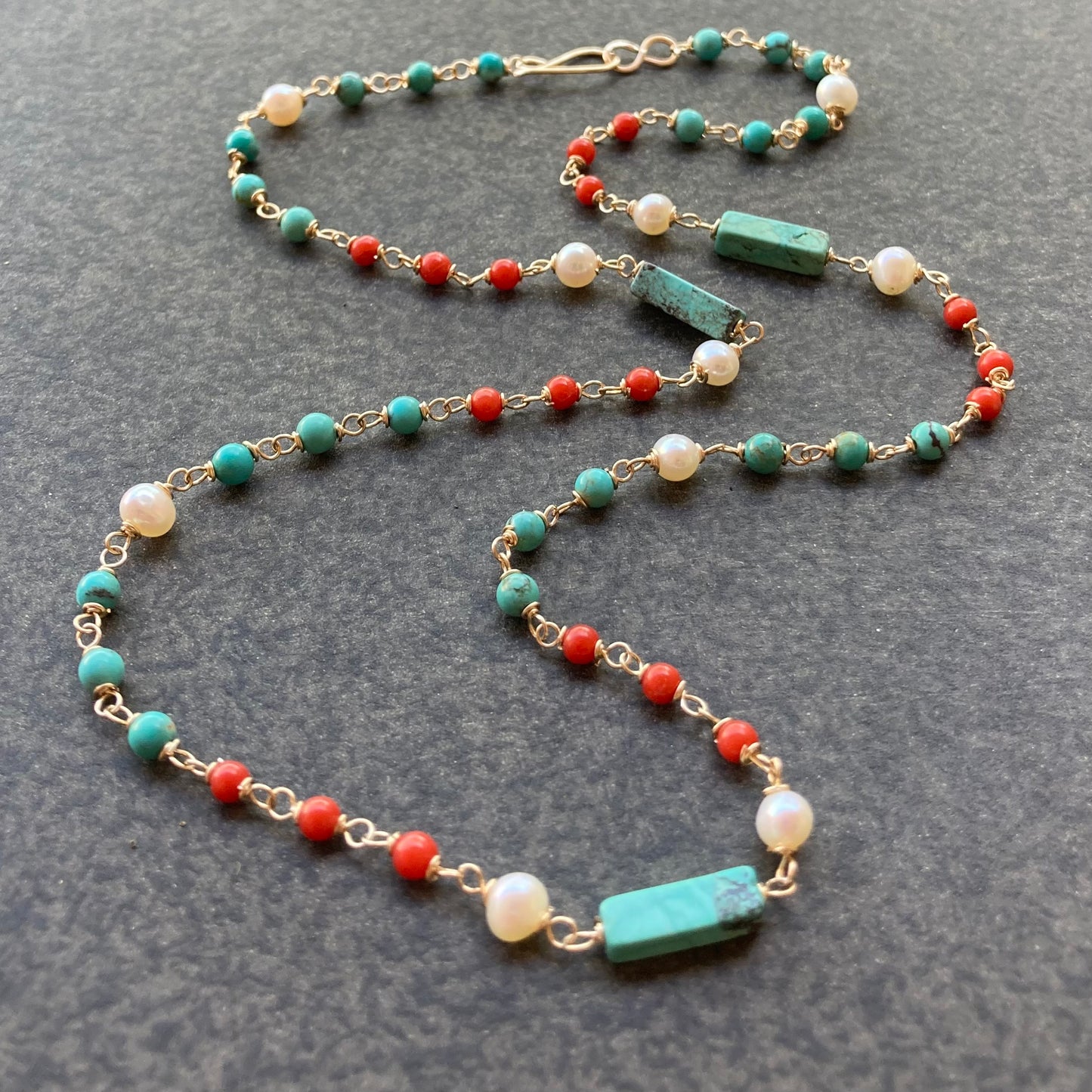 Natural Coral, Turquoise, Freshwater Pearl & Gold Necklace