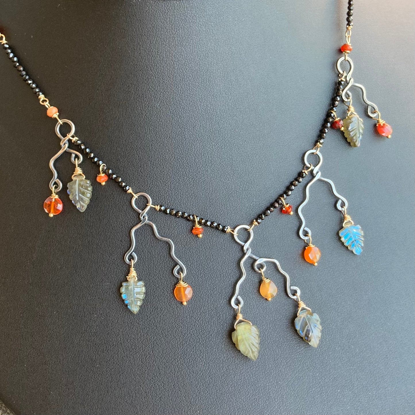 “Embers” Black Tourmaline, Fire Opal, Labradorite & Mixed Metal Necklace