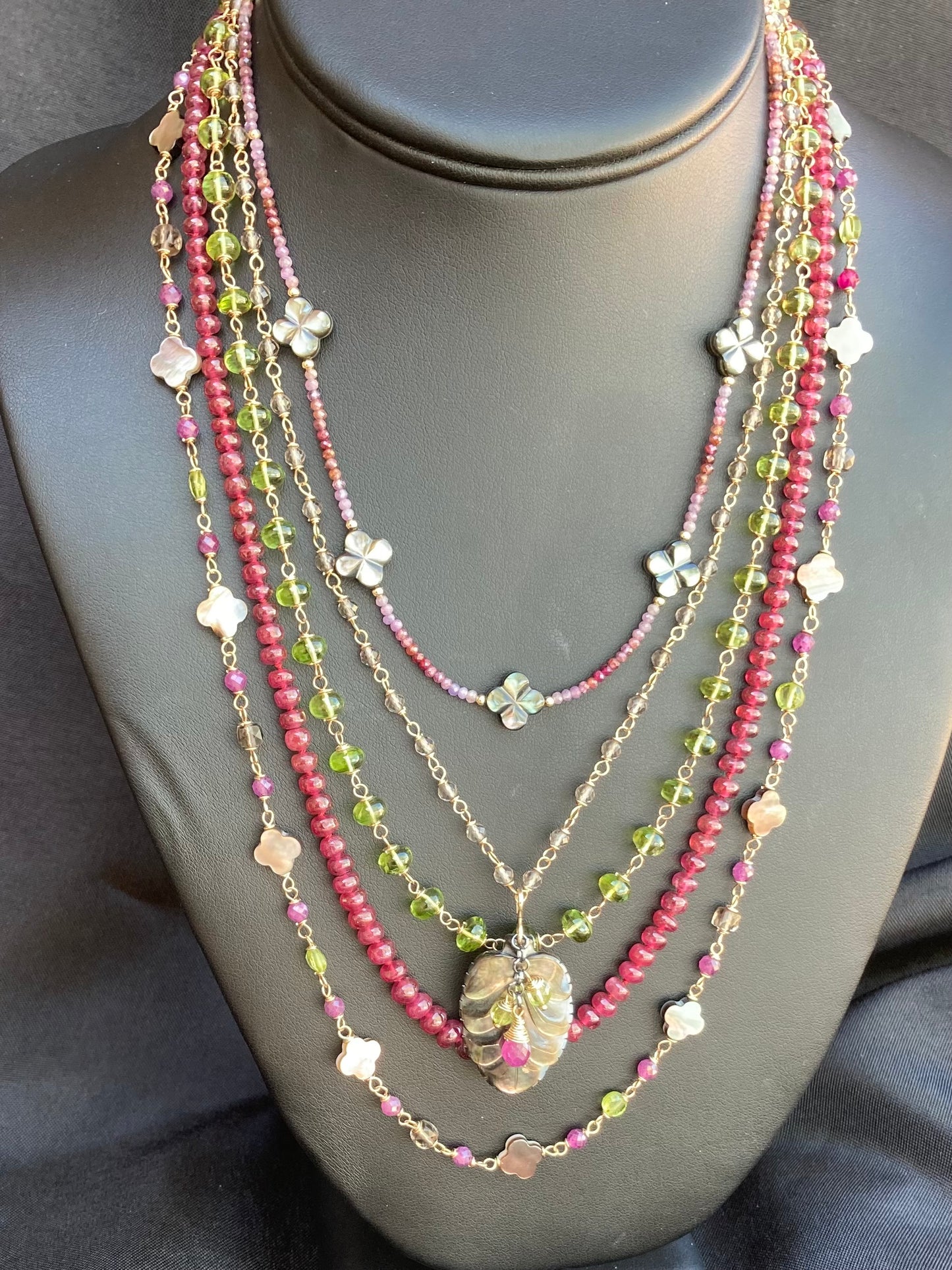 Black Mother of Pearl, Peridot, Ruby, Ice Obsidian & Mixed Metal Clover Necklace