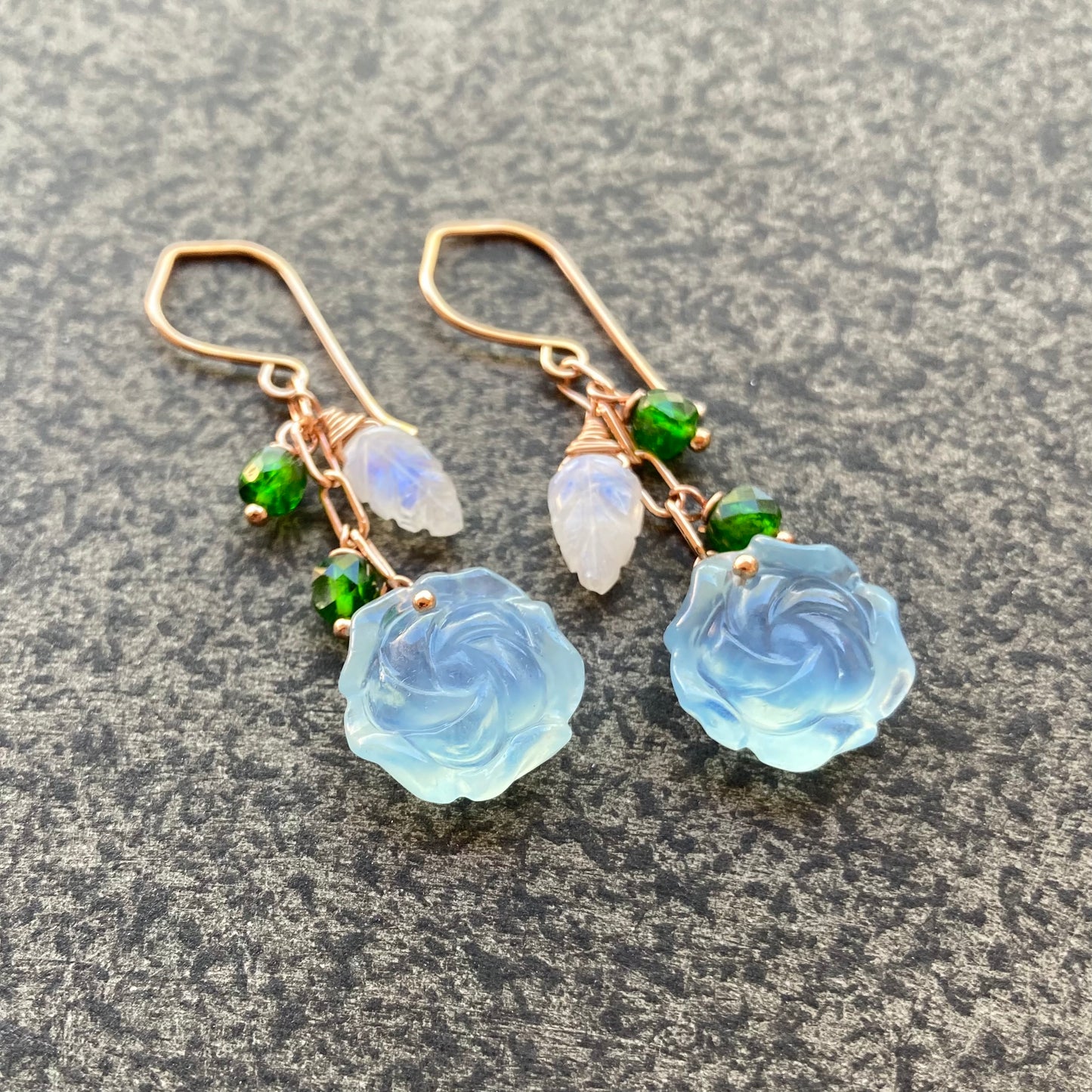Aquamarine, Chrome Diopside, Rainbow Moonstone & Rose Gold Cascade Earrings
