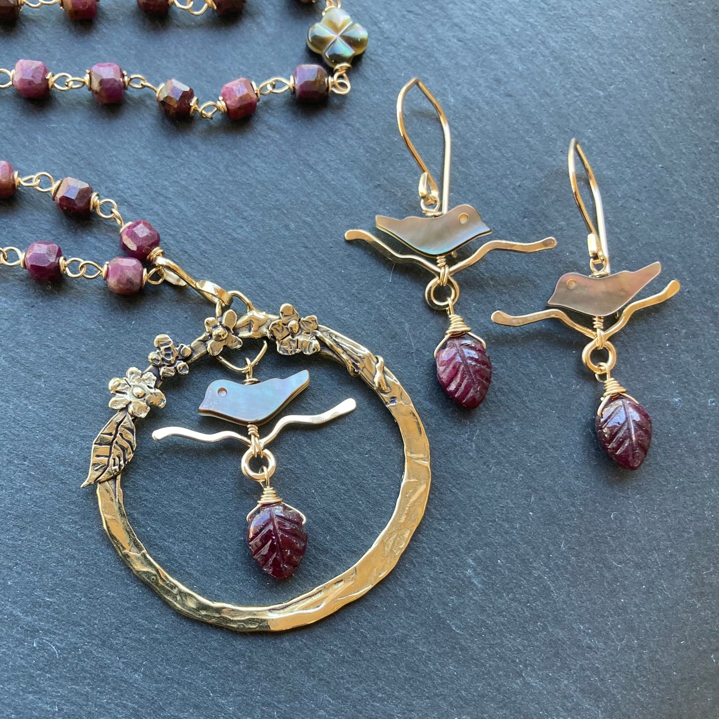 Natural Ruby, Black Mother of Pearl, Gold & Bronze Blossoming Plum Pendant Necklace