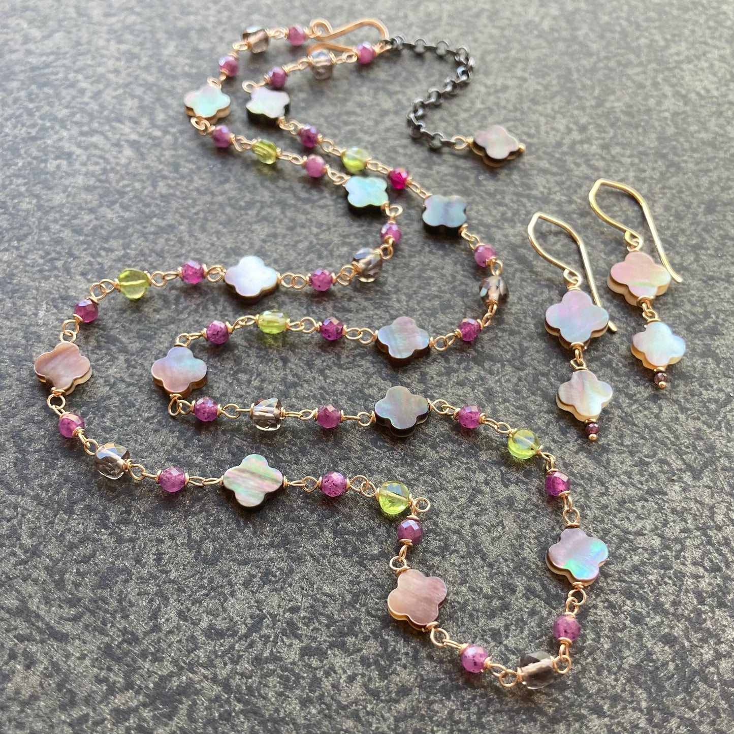 Black Mother of Pearl, Peridot, Ruby, Ice Obsidian & Mixed Metal Clover Necklace