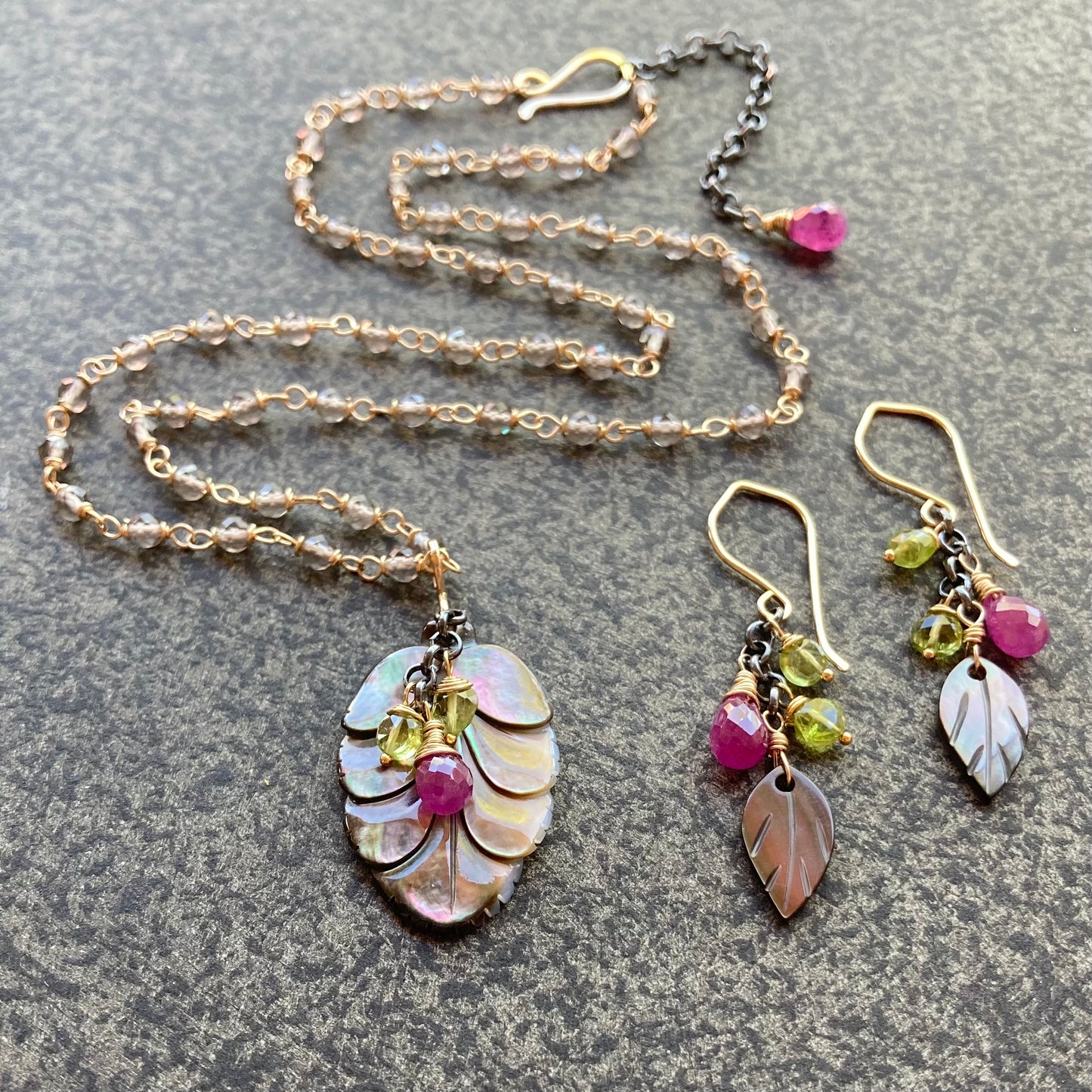 Black Mother of Pearl, Peridot, Ruby & Mixed Metal Cascade Earrings