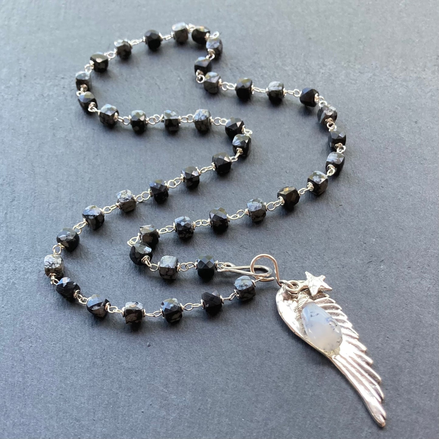 Snowflake Obsidian, Dendritic Opal & Sterling Silver Winged Goddess Necklace