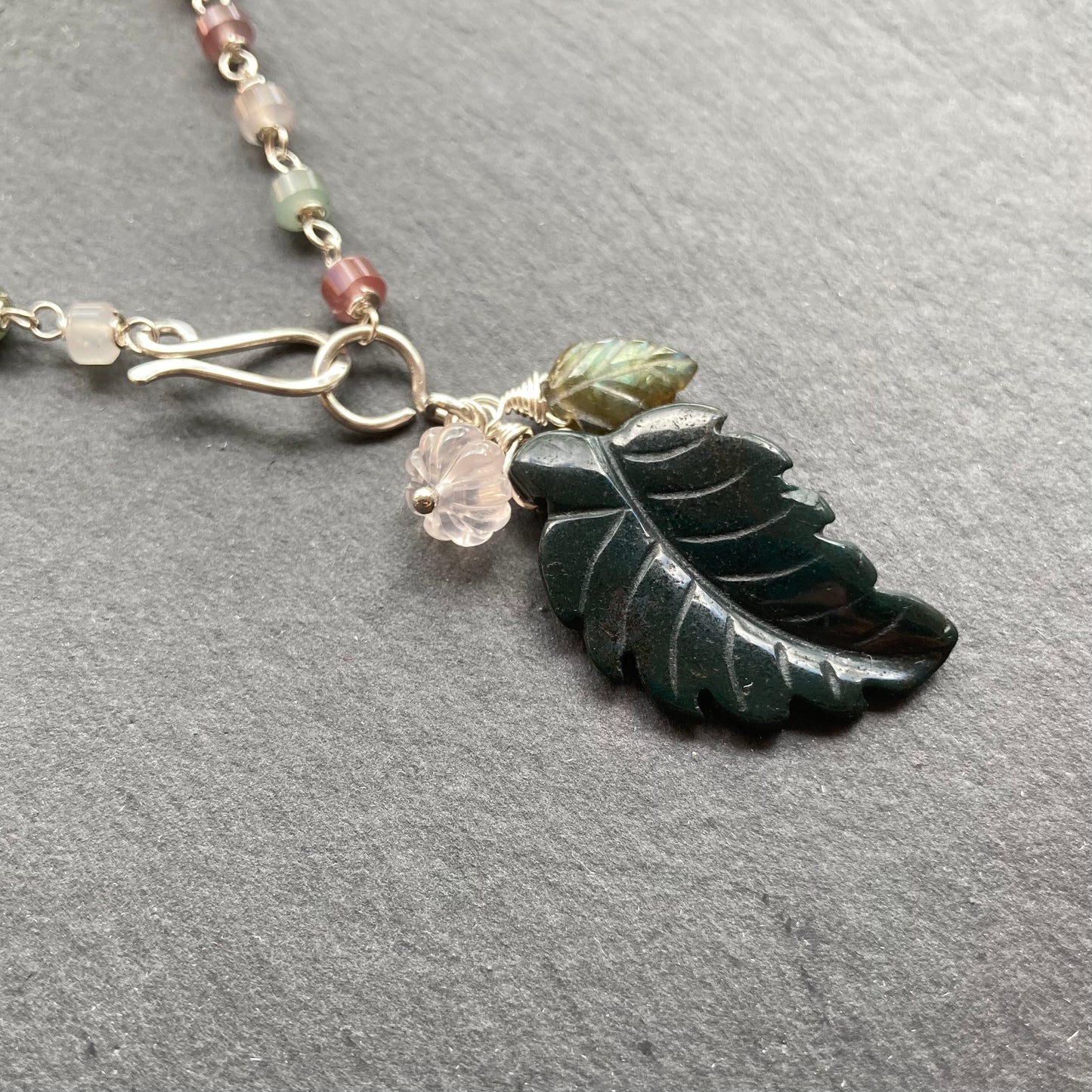 Yanyuan Agate, Sterling Silver & Indian Agate Winter Leaf Charm Necklace