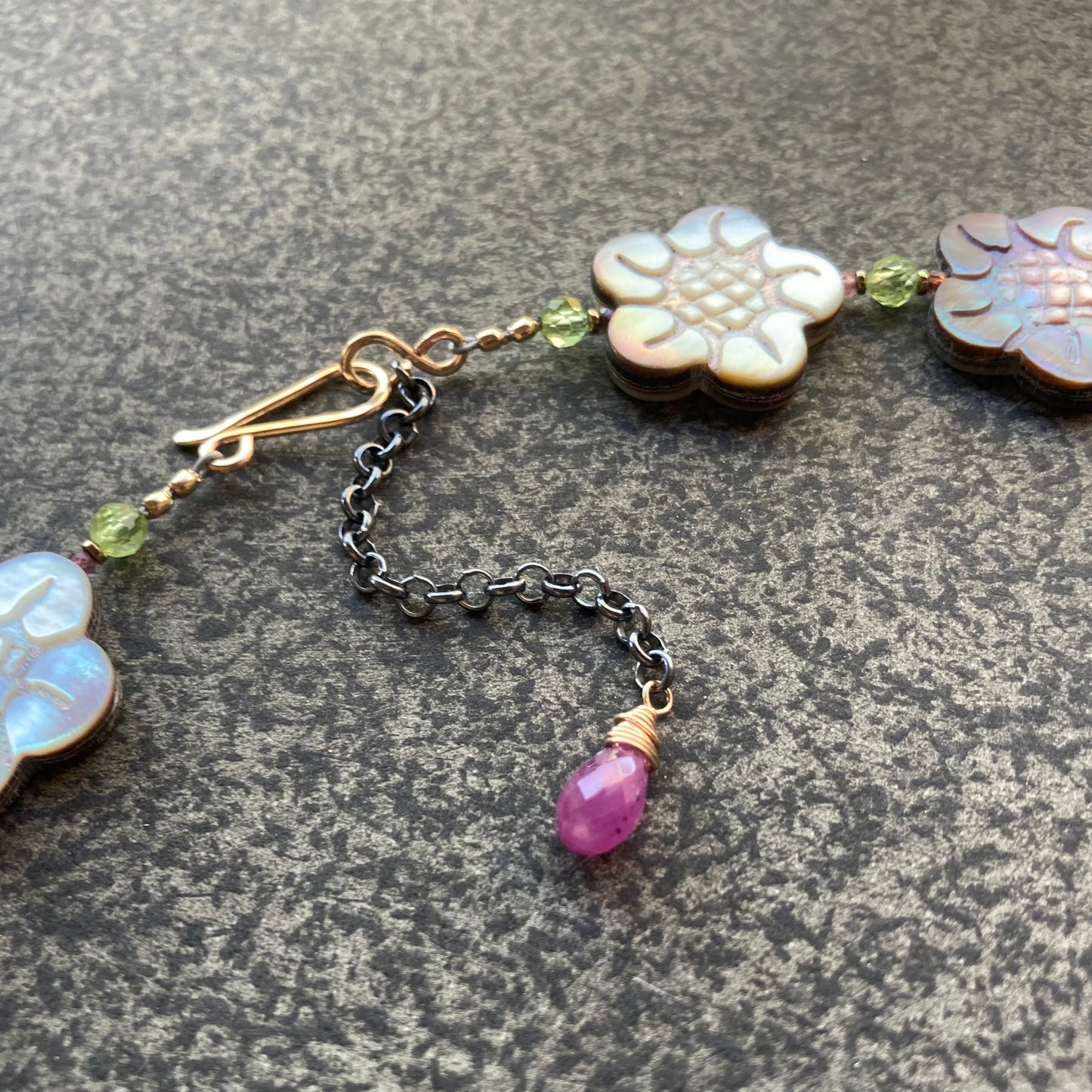 Black Mother of Pearl, Peridot, Ruby & Mixed Metal Cherry Blossom Collar